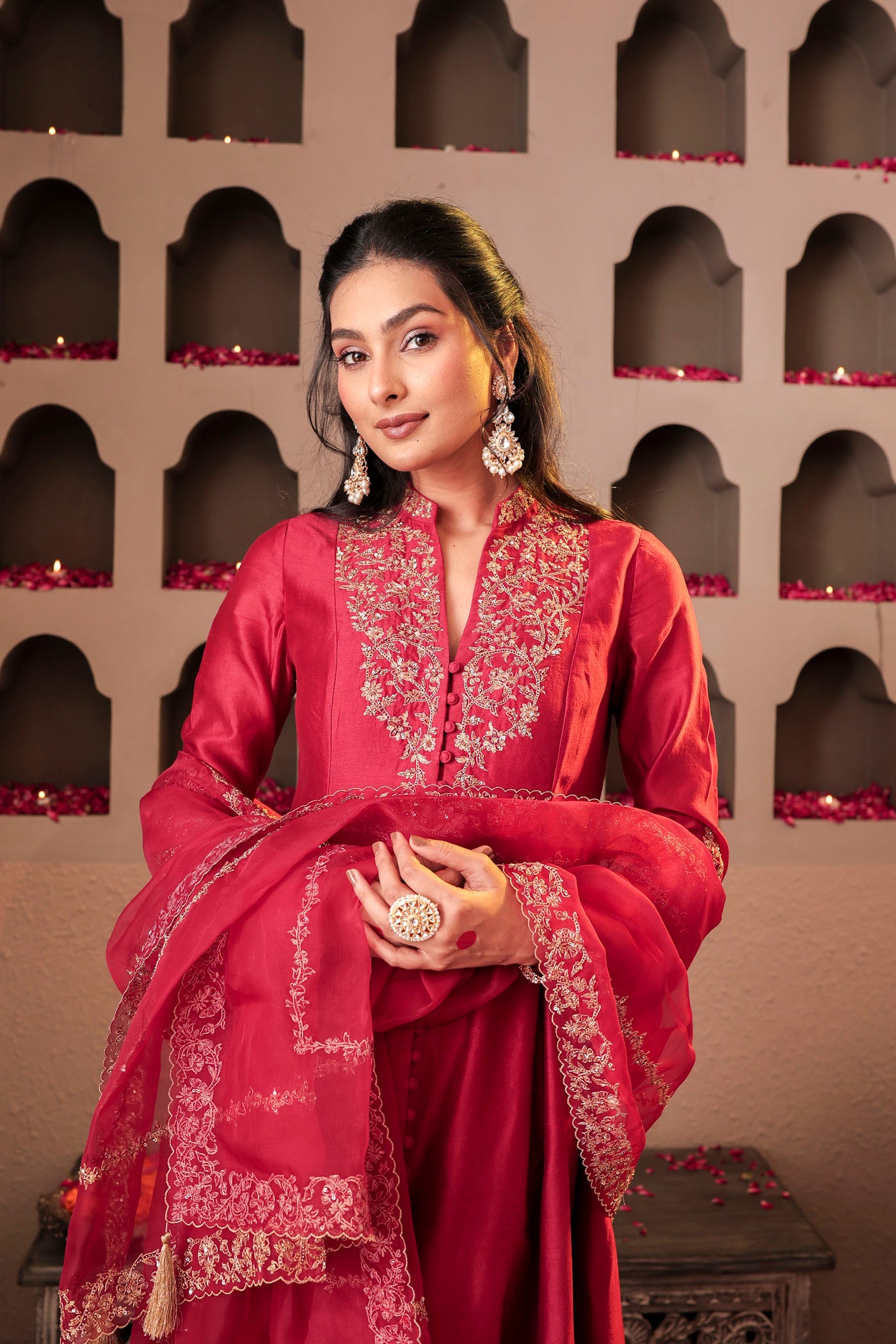 Maroon silk kurta set with intricate borders