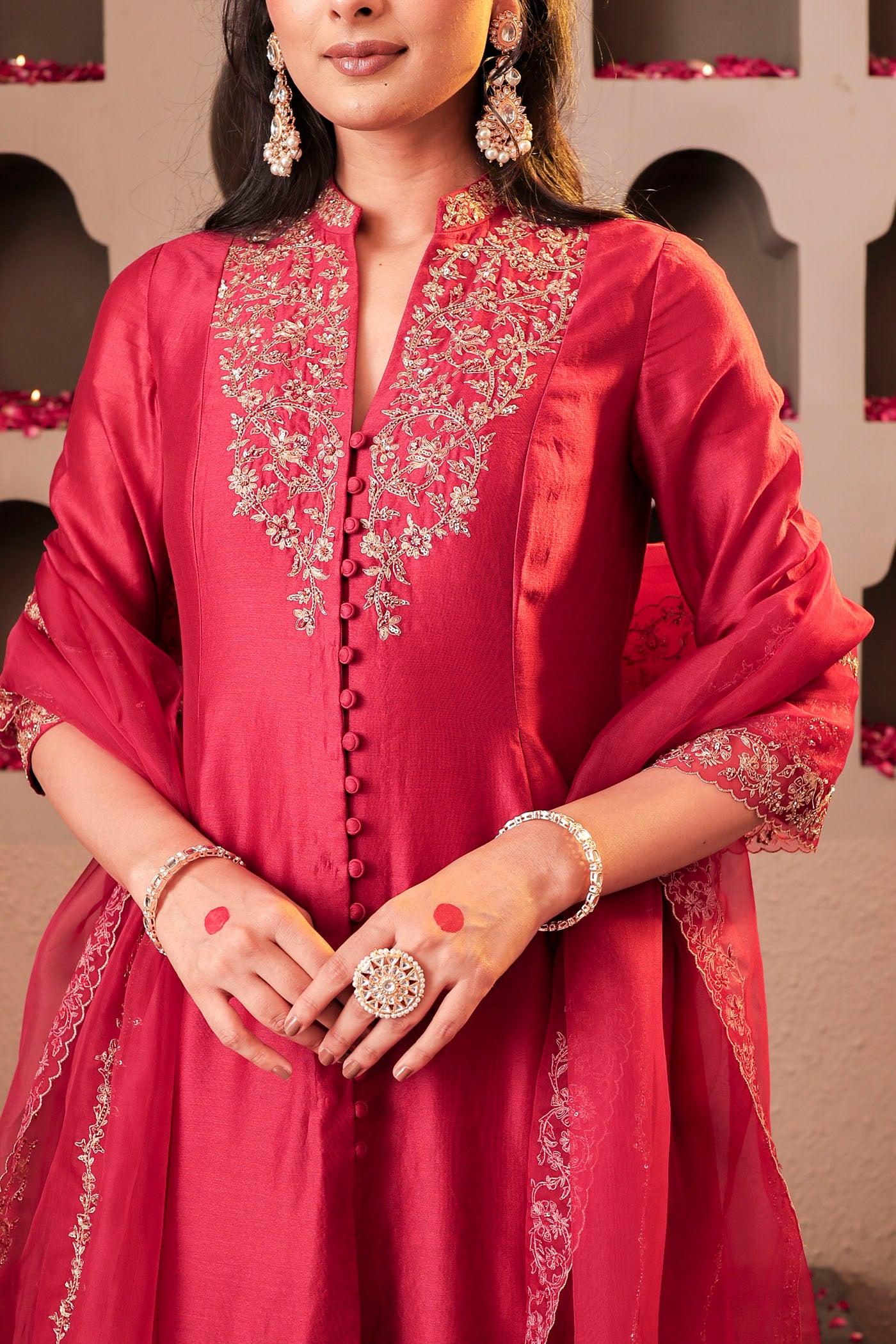 Maroon silk kurta set with intricate borders