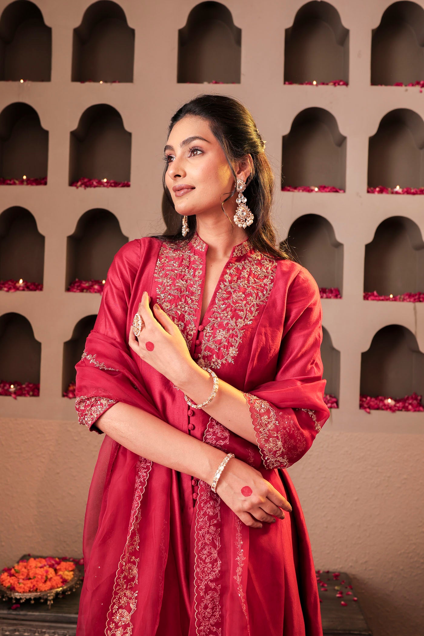 Maroon silk kurta set with intricate borders
