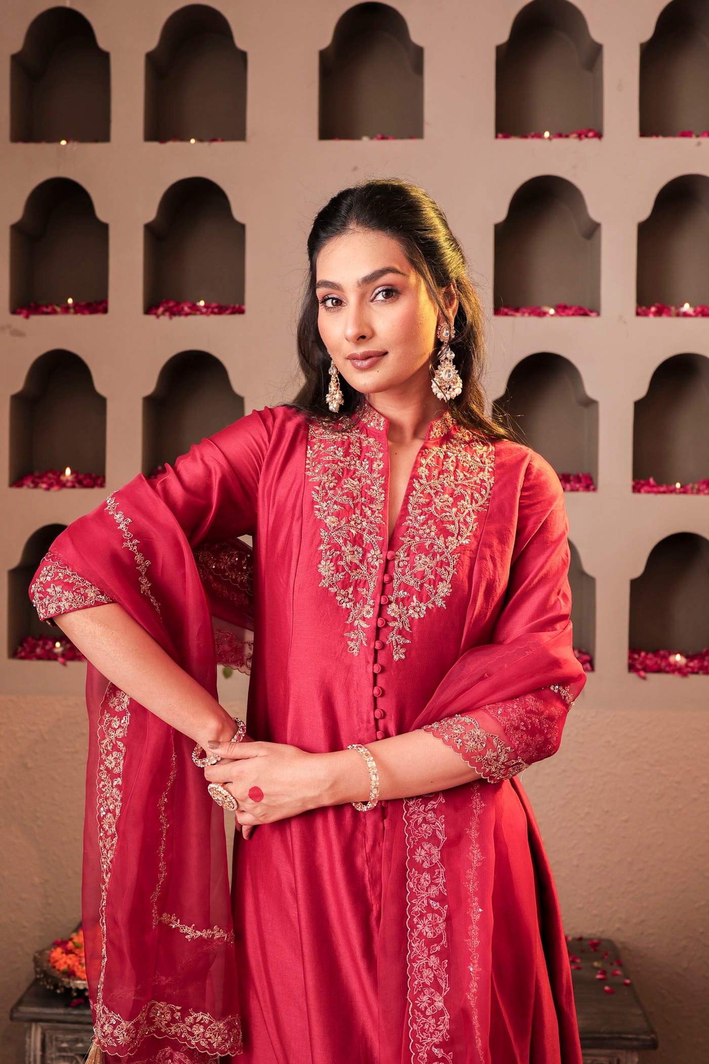 Maroon silk kurta set with intricate borders