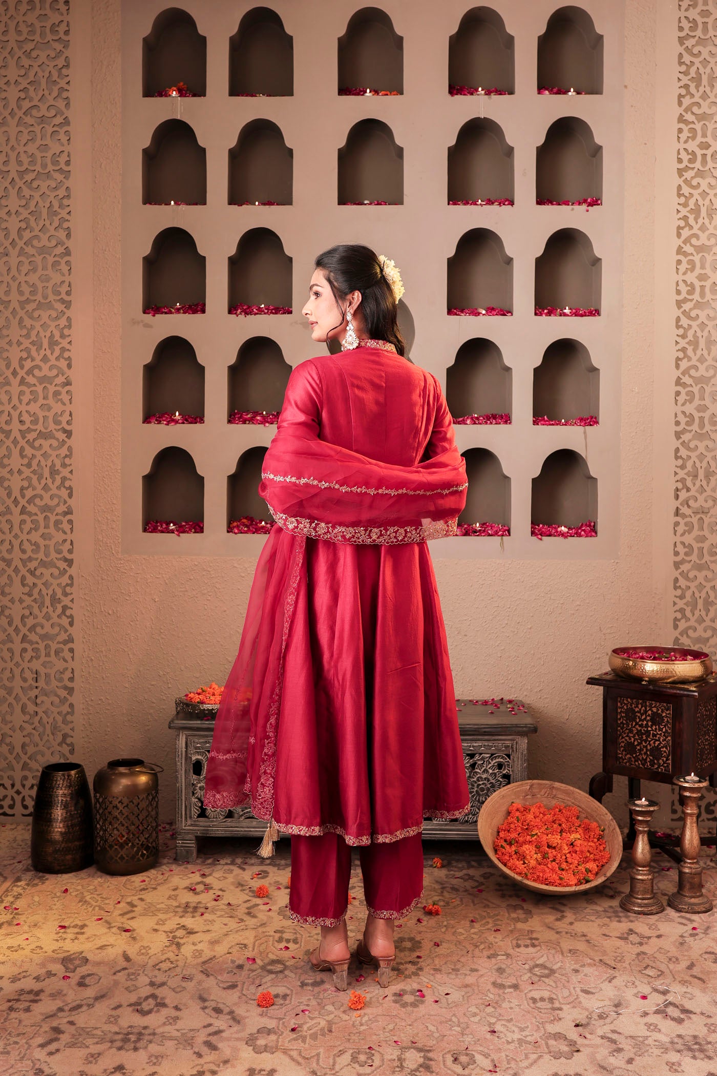 Maroon silk kurta set with intricate borders