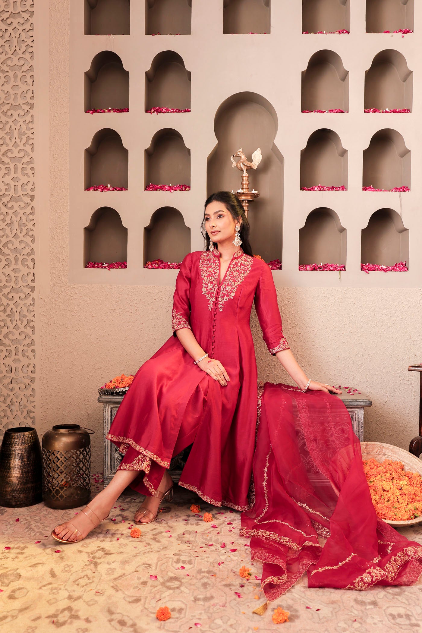 Maroon silk kurta set with intricate borders