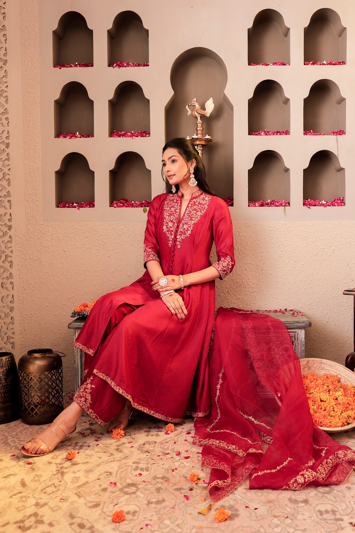 Maroon silk kurta set with intricate borders