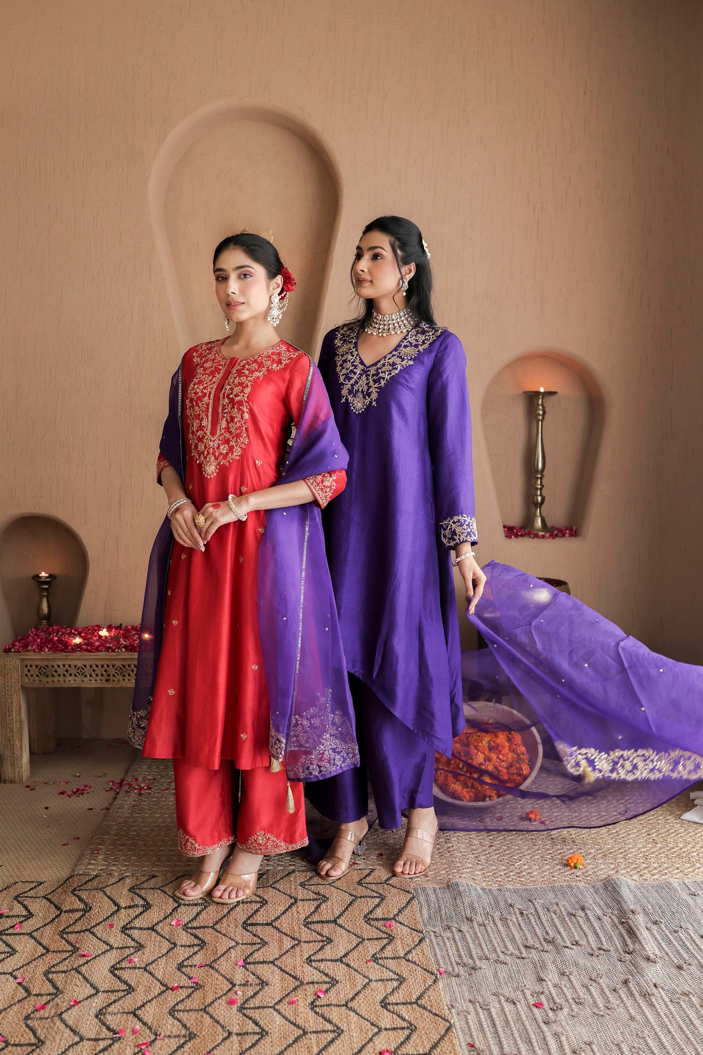 Violet silk kurta set with regal gold embroidery