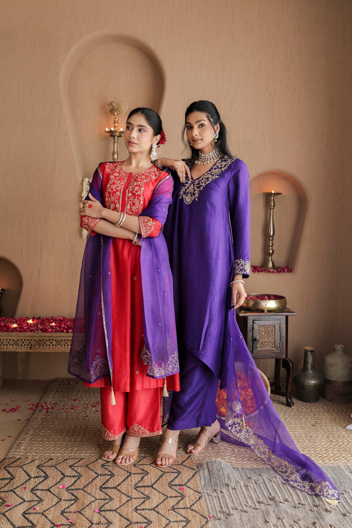 Violet silk kurta set with regal gold embroidery