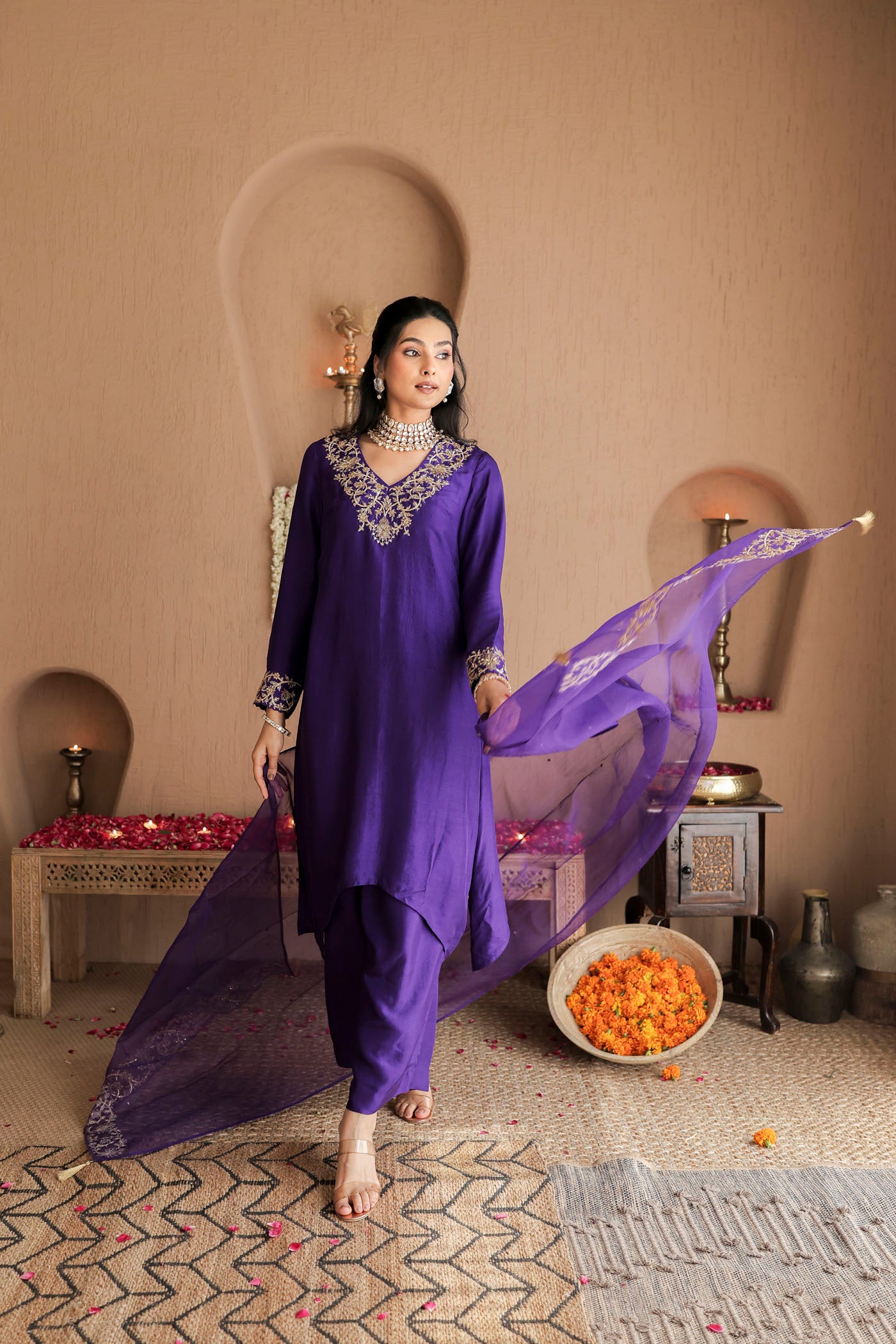 Violet silk kurta set with regal gold embroidery