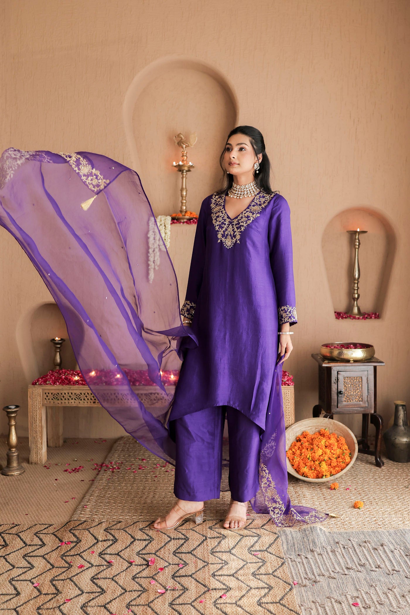 Violet silk kurta set with regal gold embroidery