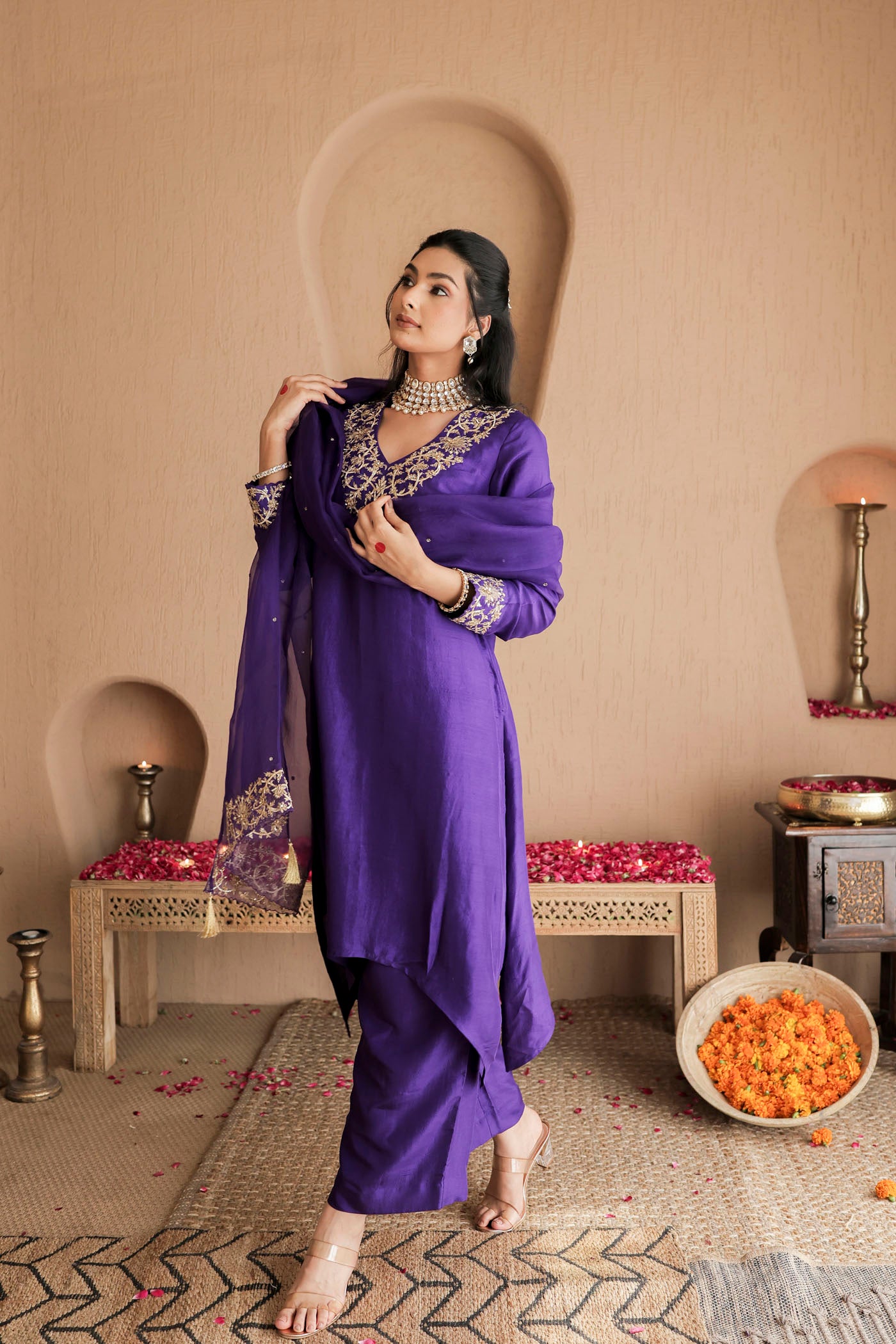 Violet silk kurta set with regal gold embroidery