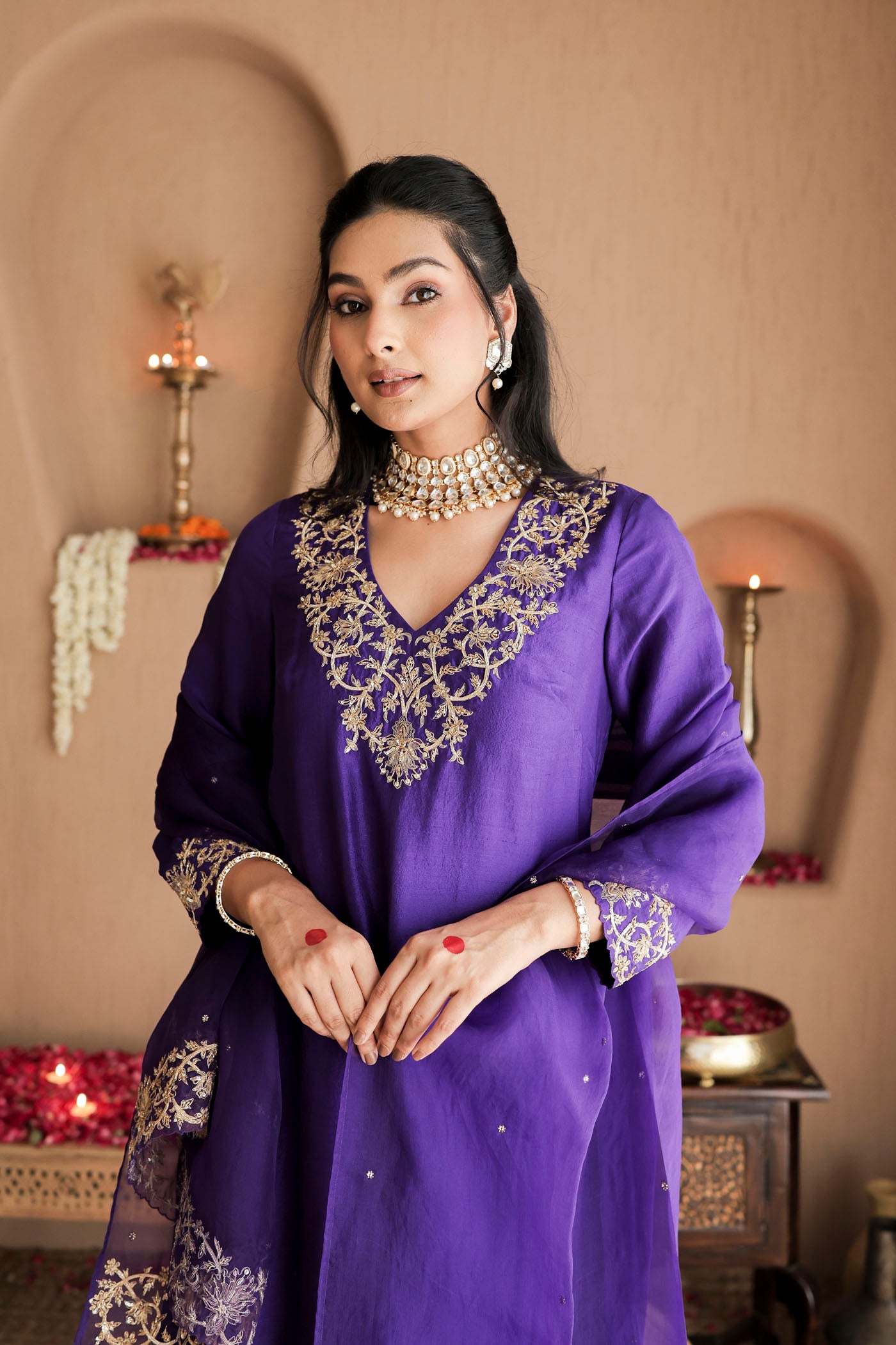 Violet silk kurta set with regal gold embroidery
