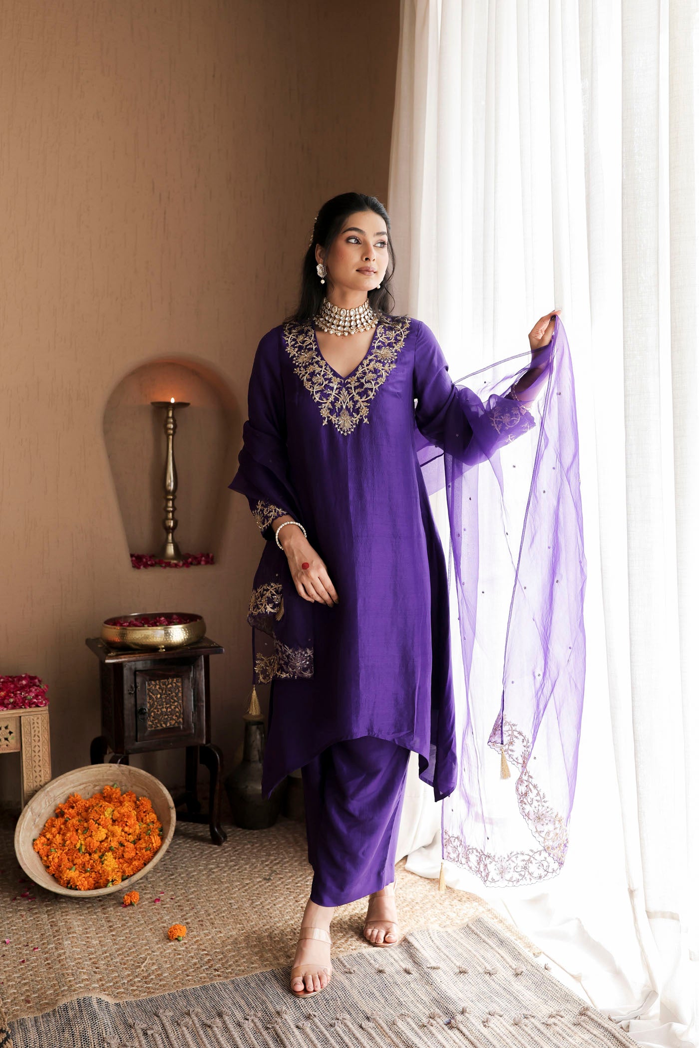 Violet silk kurta set with regal gold embroidery