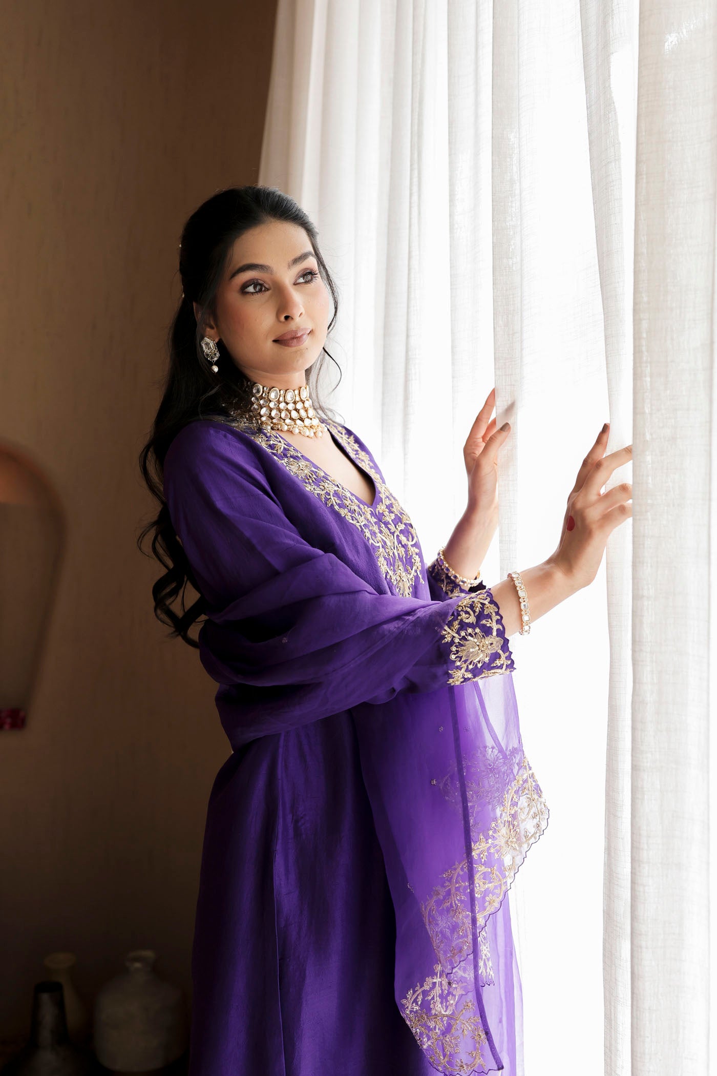 Violet silk kurta set with regal gold embroidery