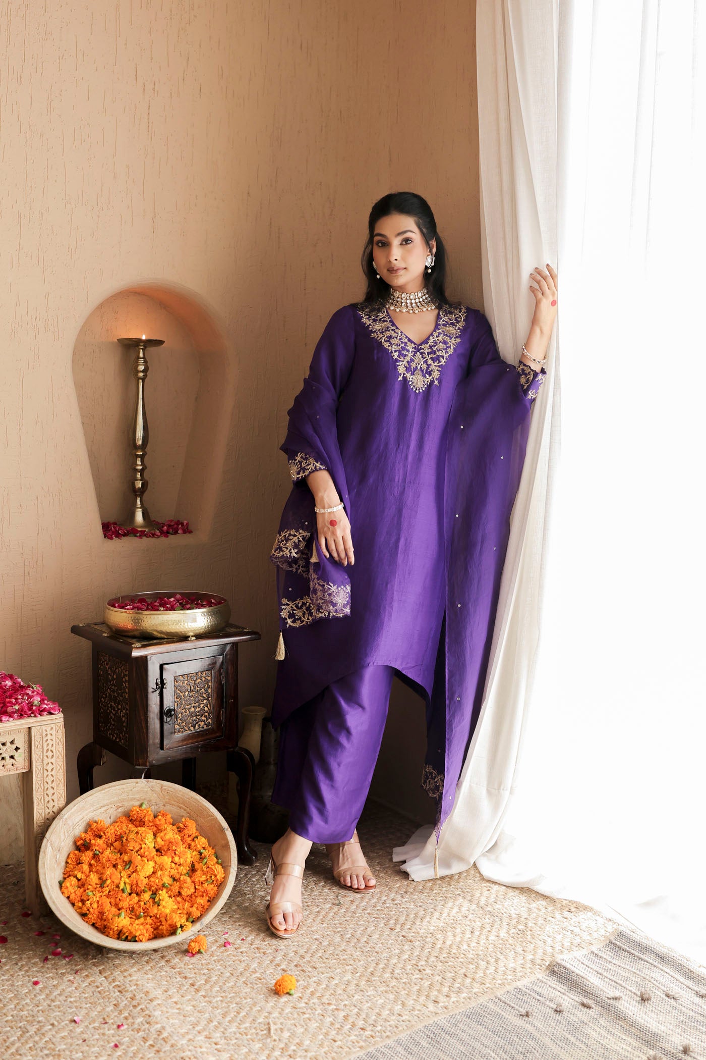 Violet silk kurta set with regal gold embroidery