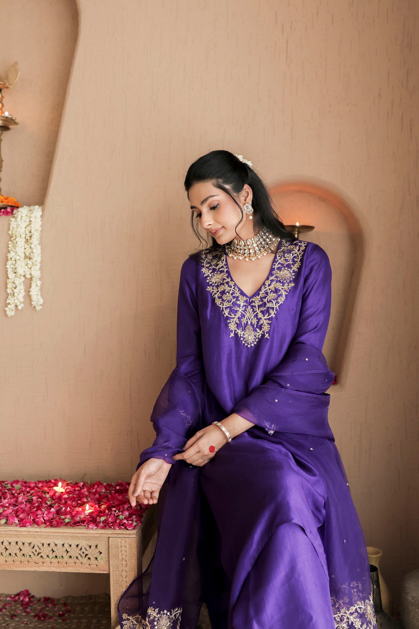 Violet silk kurta set with regal gold embroidery