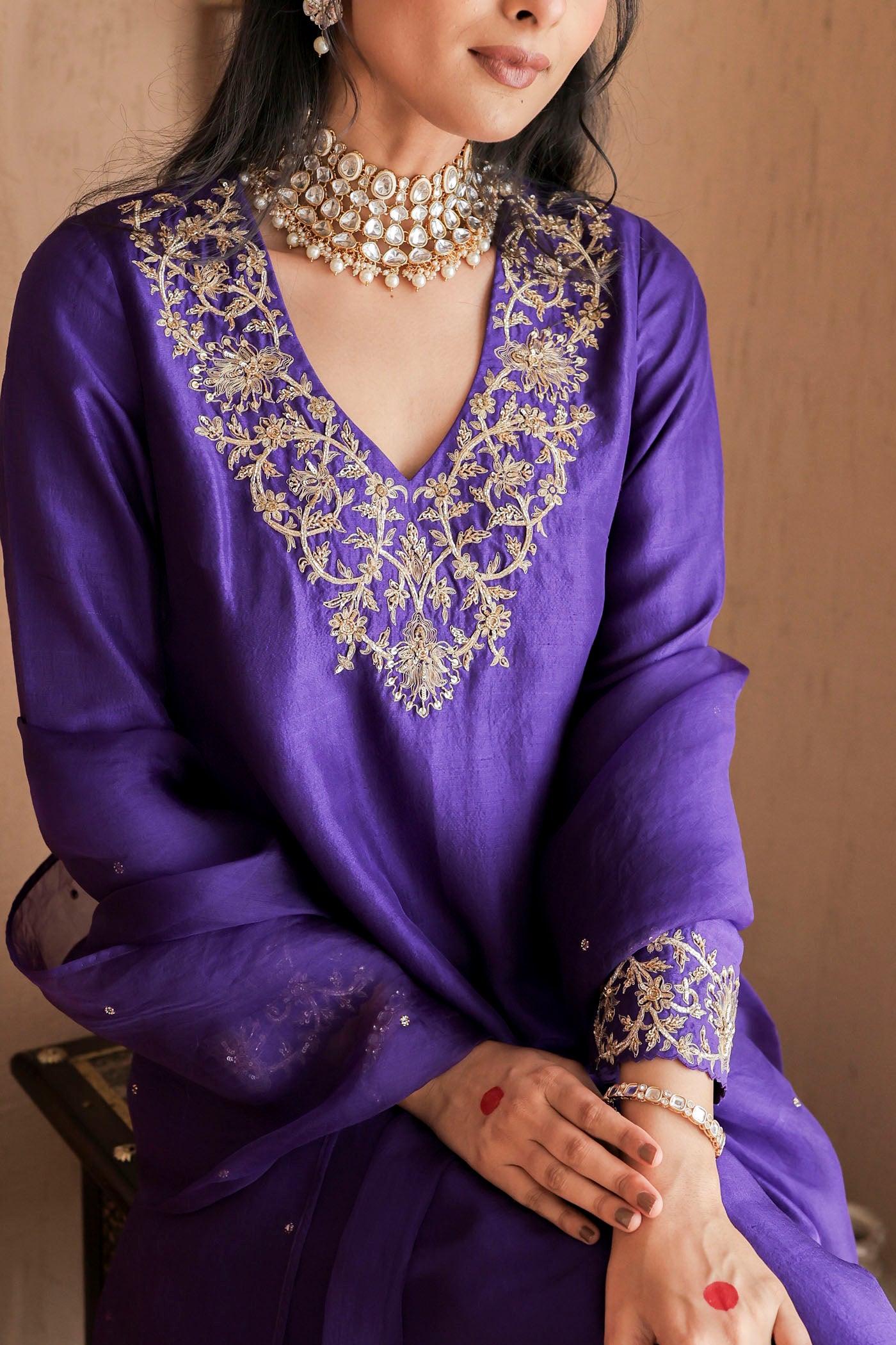 Violet silk kurta set with regal gold embroidery