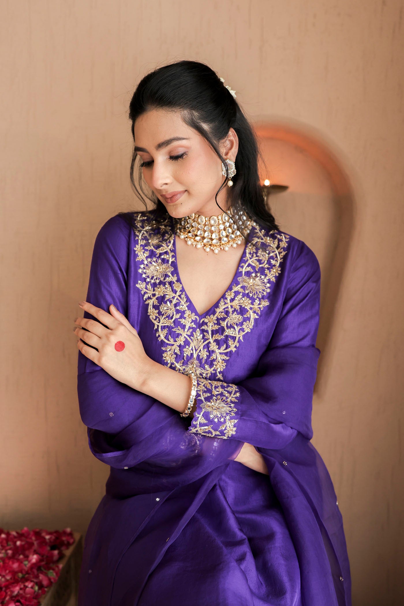 Violet silk kurta set with regal gold embroidery