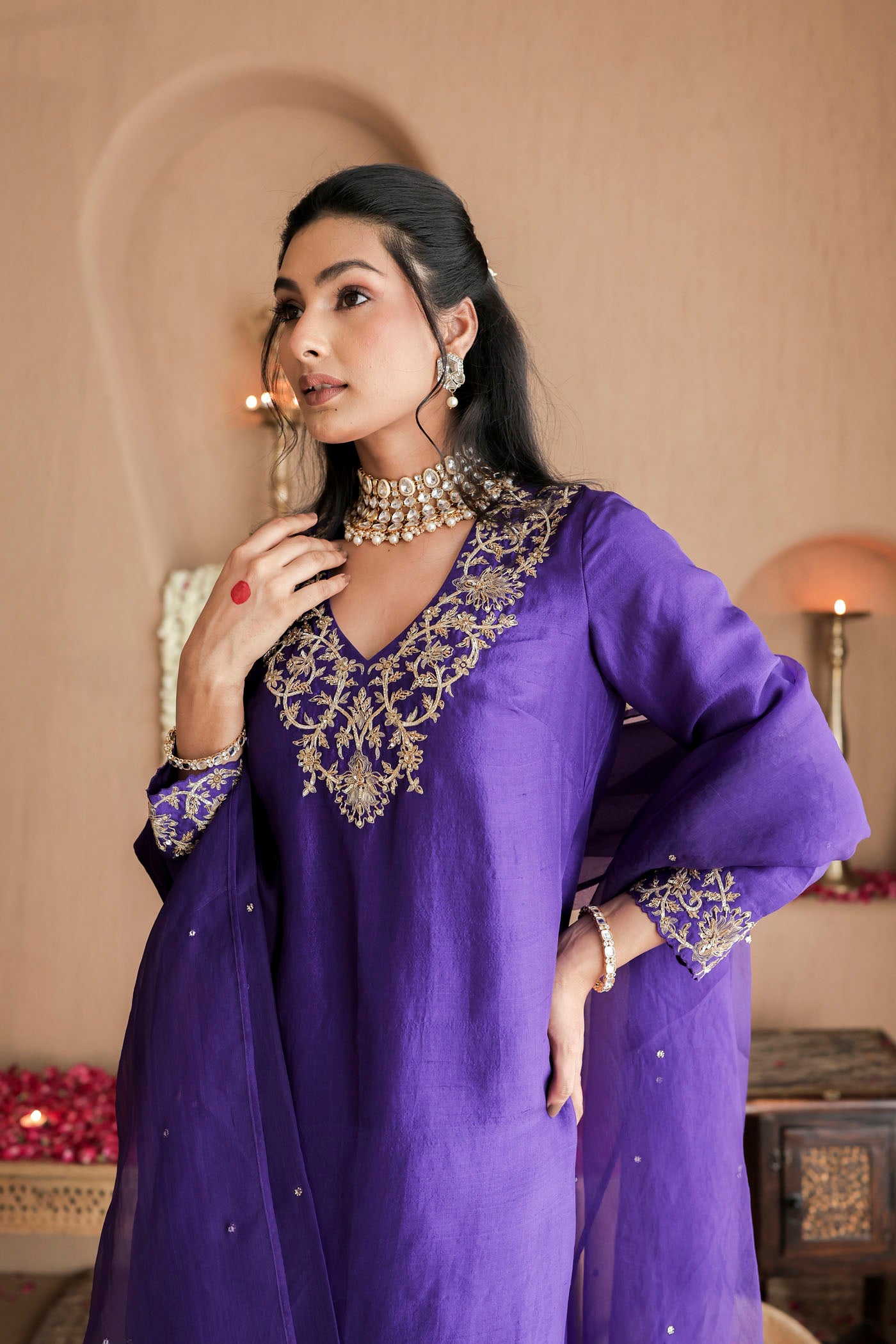 Violet silk kurta set with regal gold embroidery