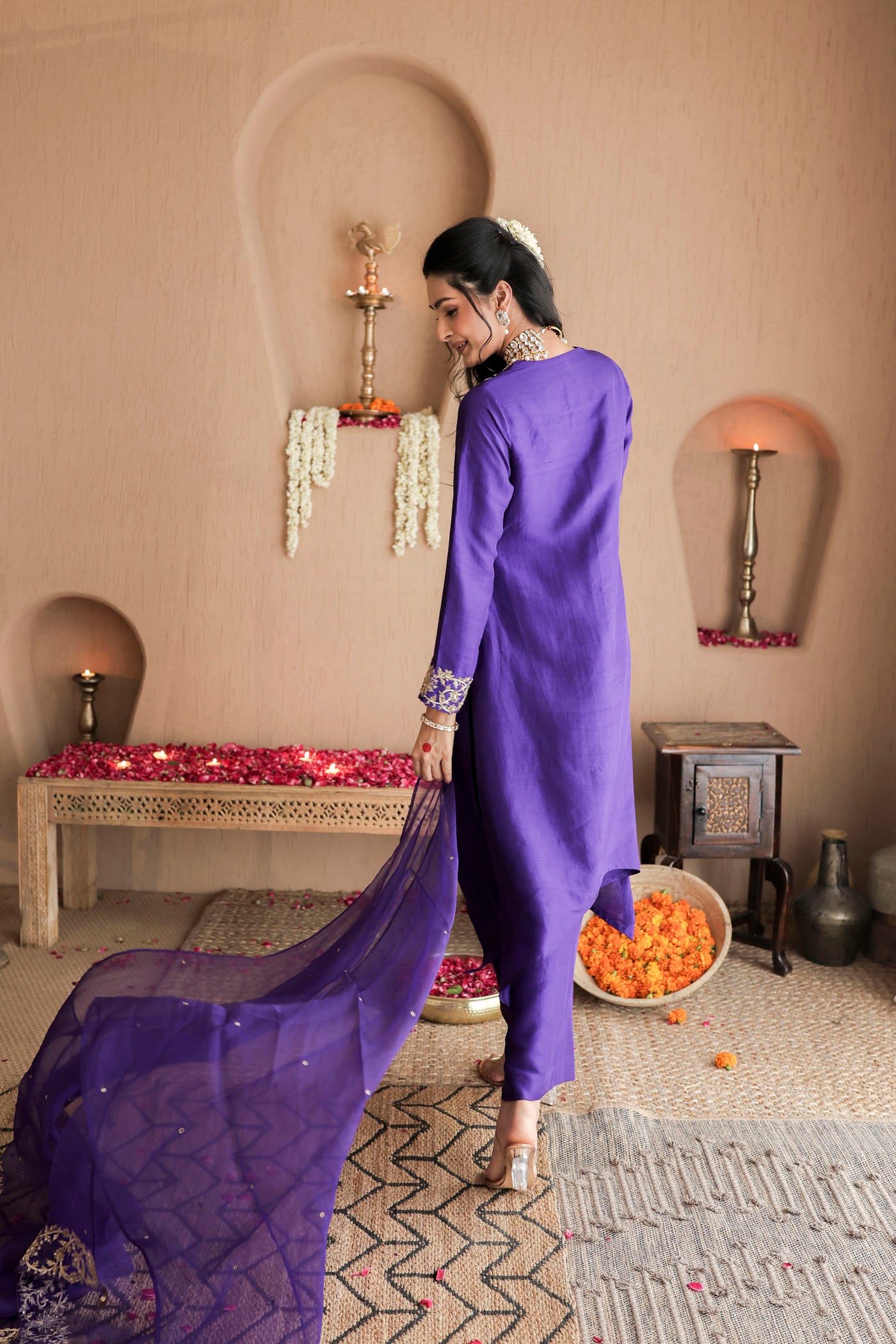 Violet silk kurta set with regal gold embroidery