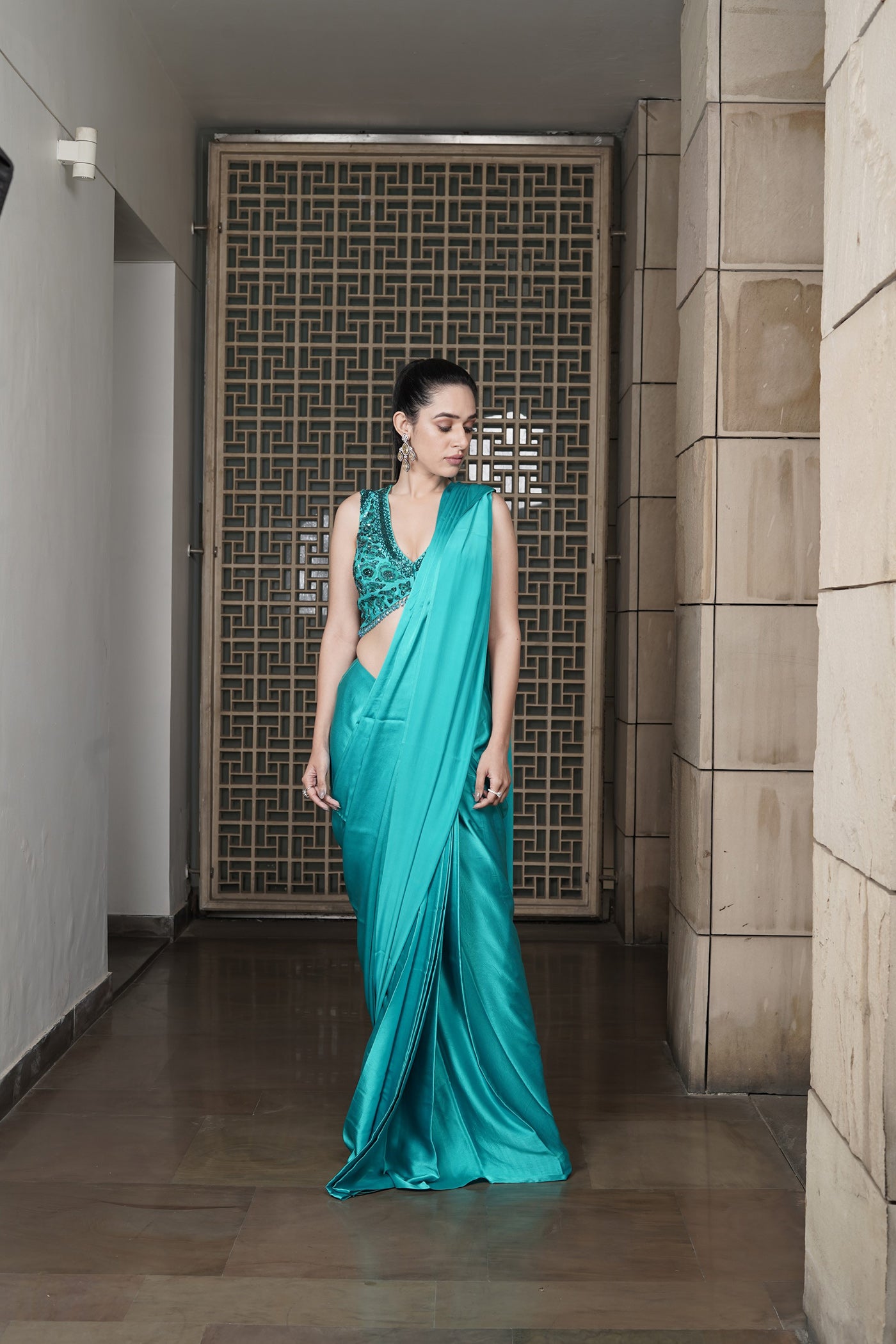 Turquoise Twilight Silk Satin Saree