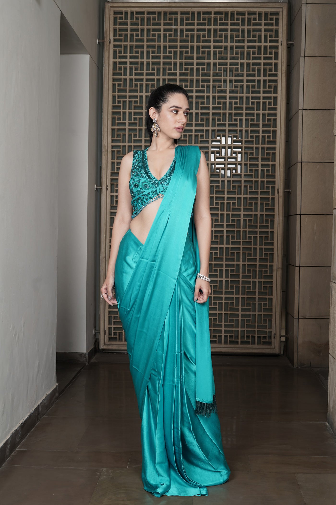 Turquoise Twilight Silk Satin Saree