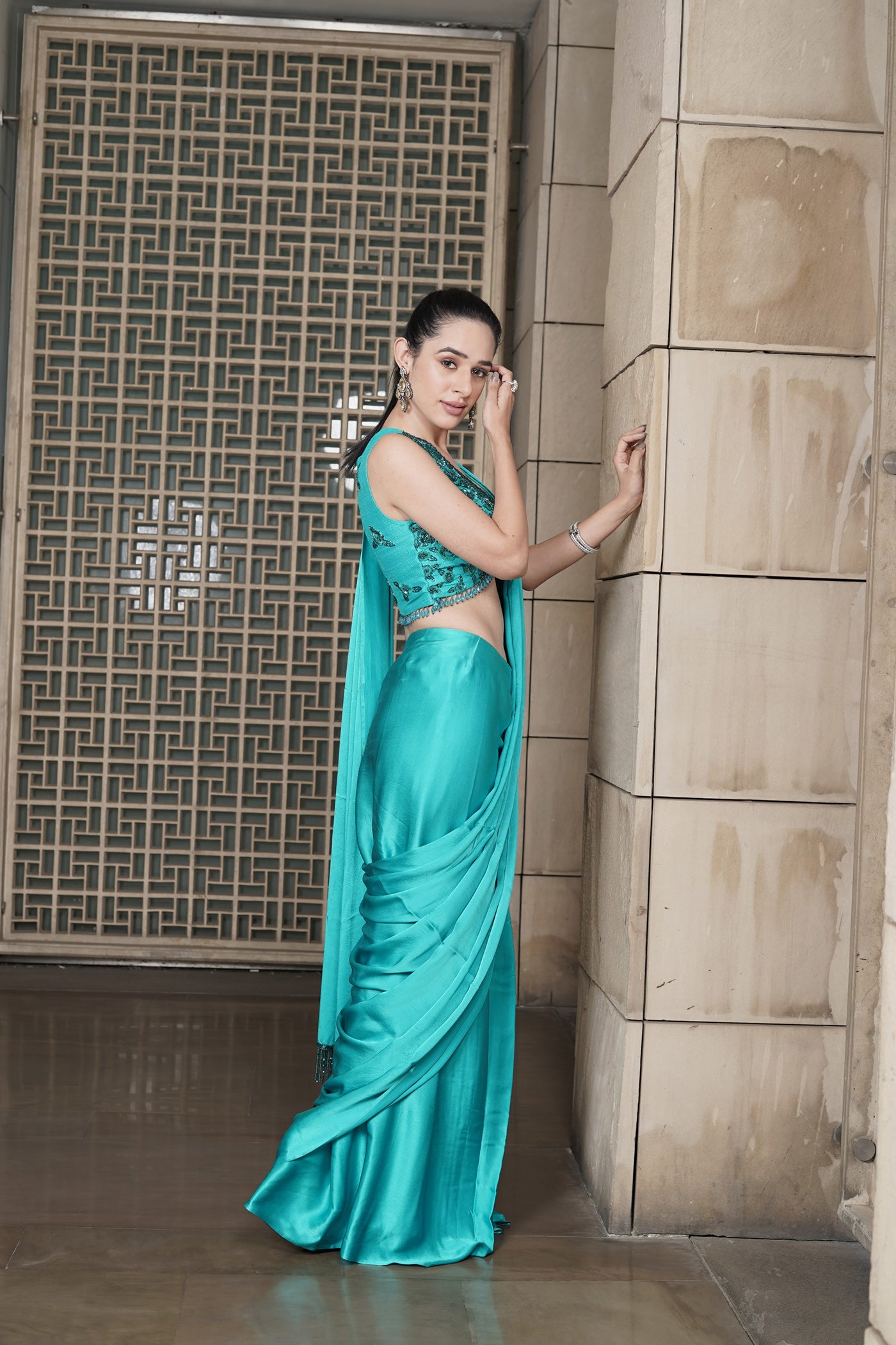 Turquoise Twilight Silk Satin Saree