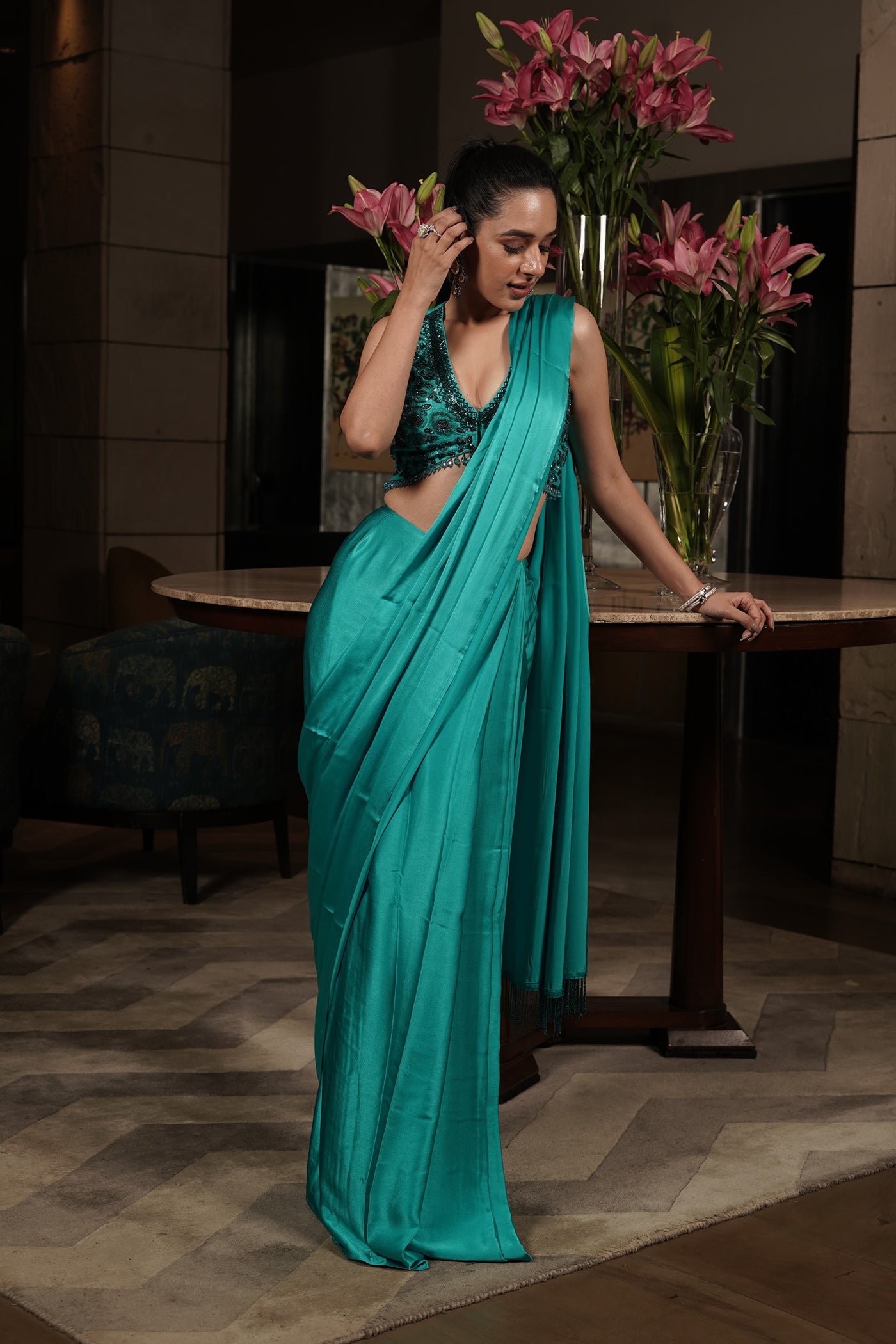 Turquoise Twilight Silk Satin Saree