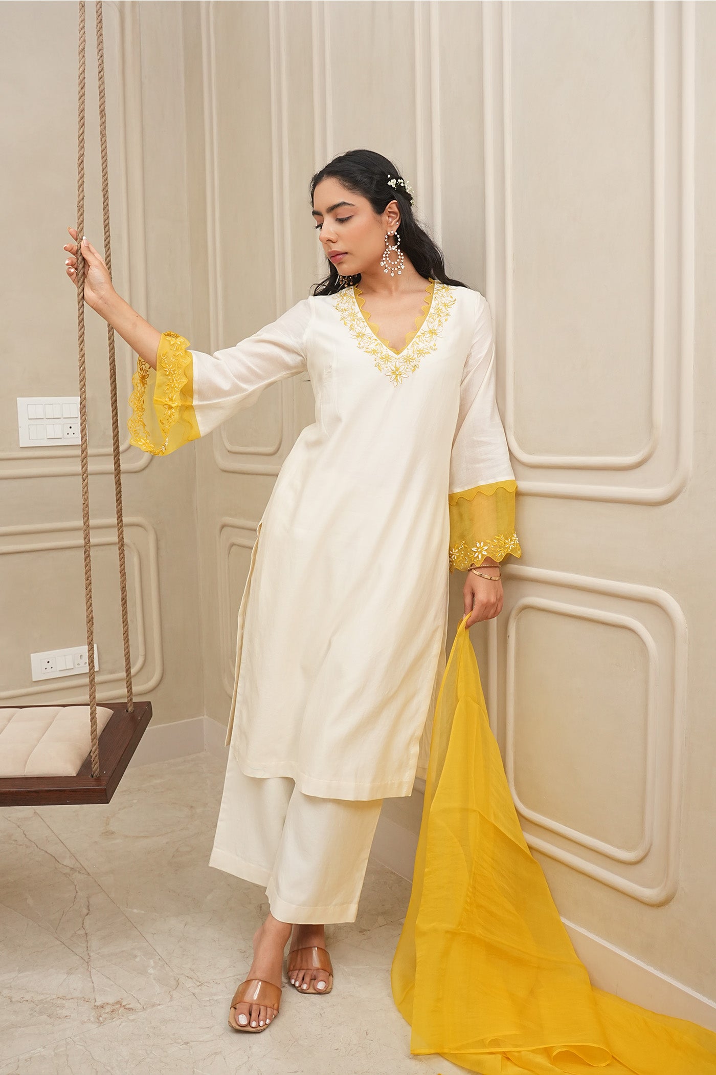 Golden Glow Gold Kurta with White Pajama Ensemble - Rent main image 1