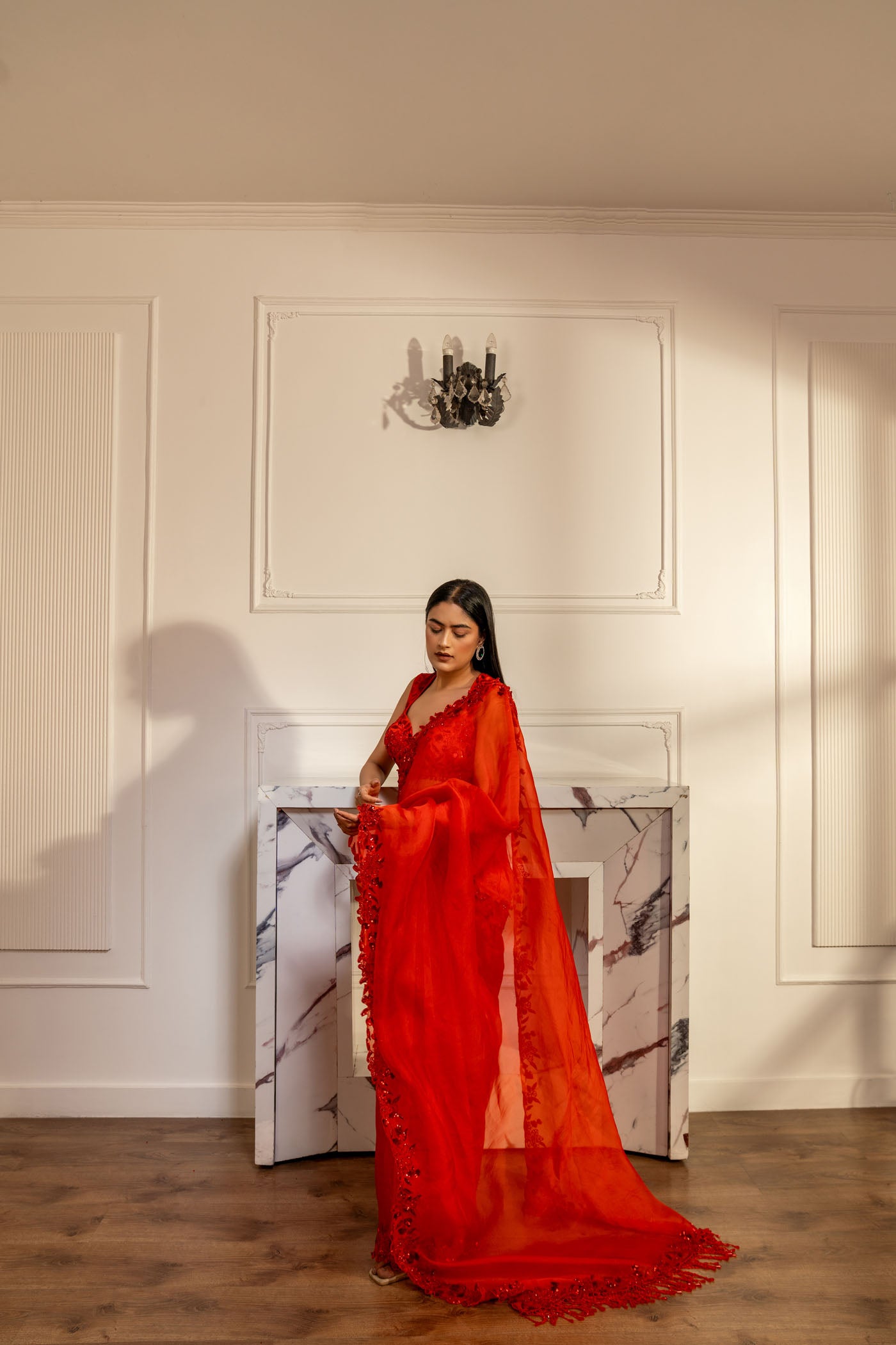 Crimson Cascade Saree