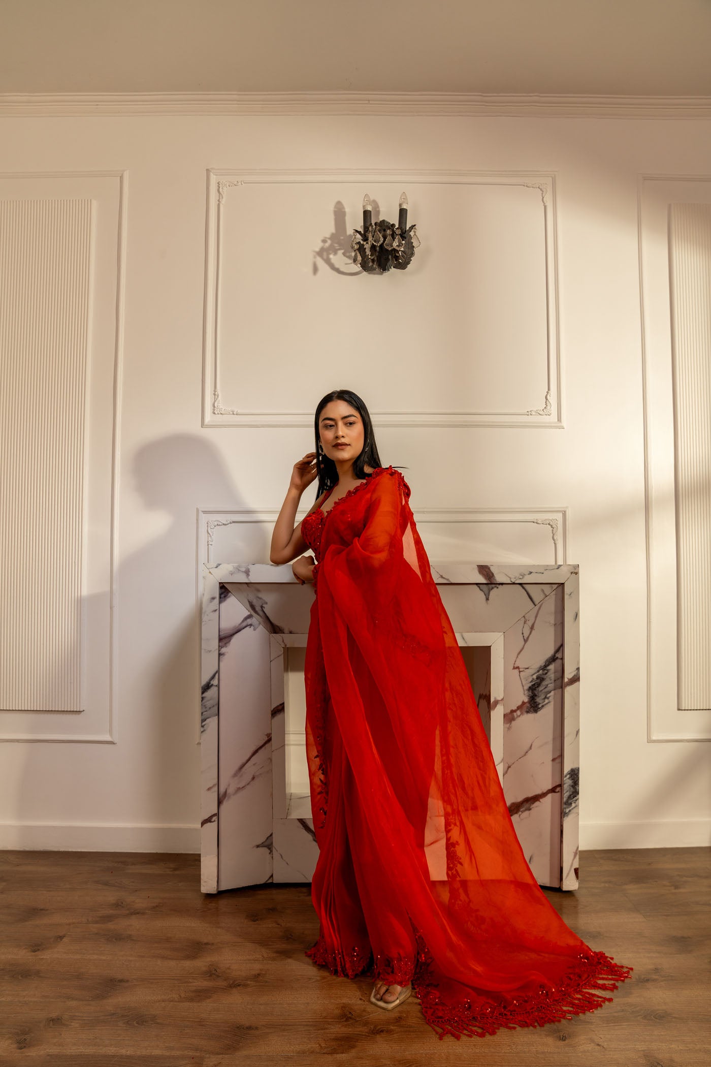 Crimson Cascade Saree