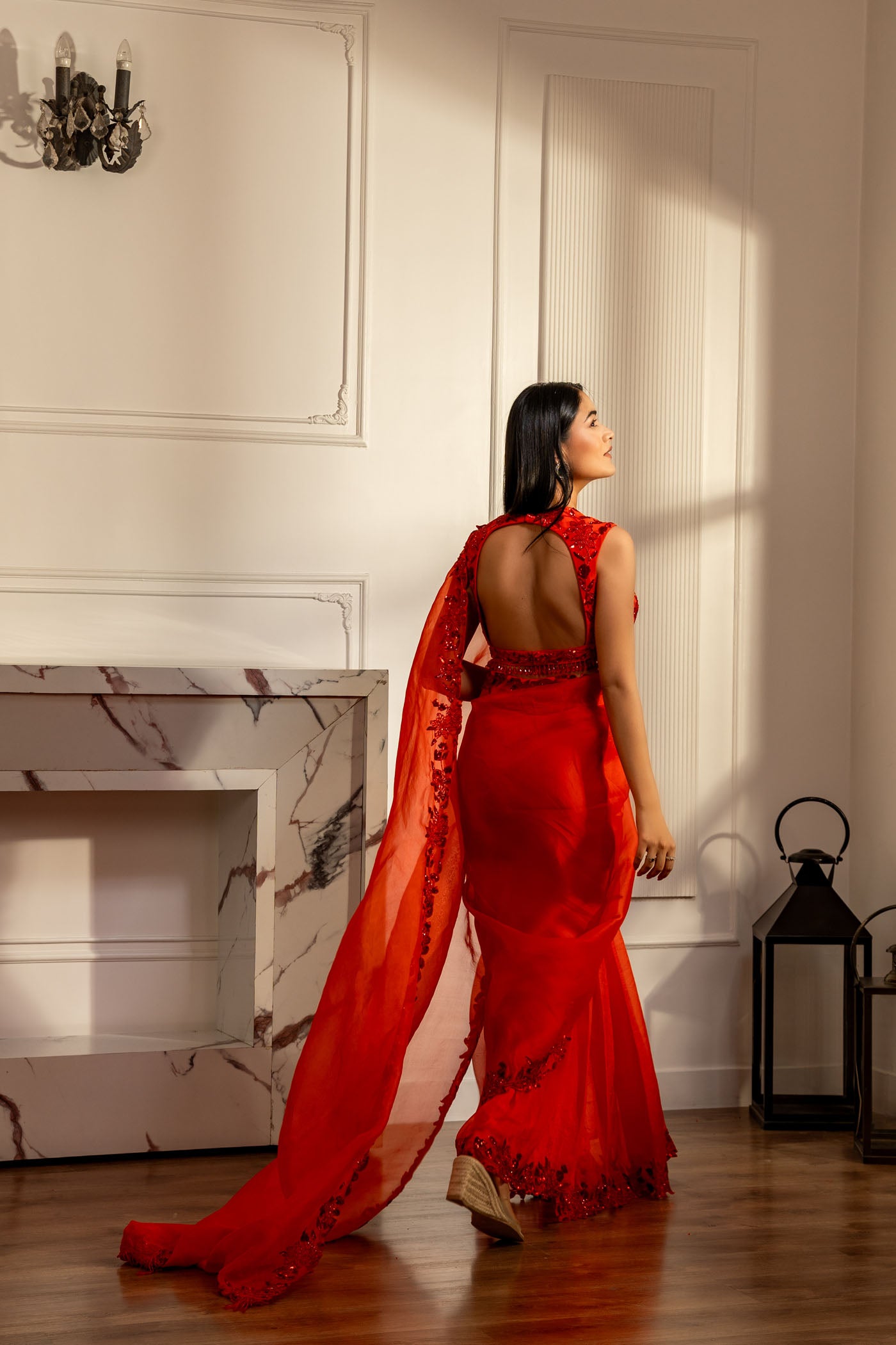 Crimson Cascade Saree
