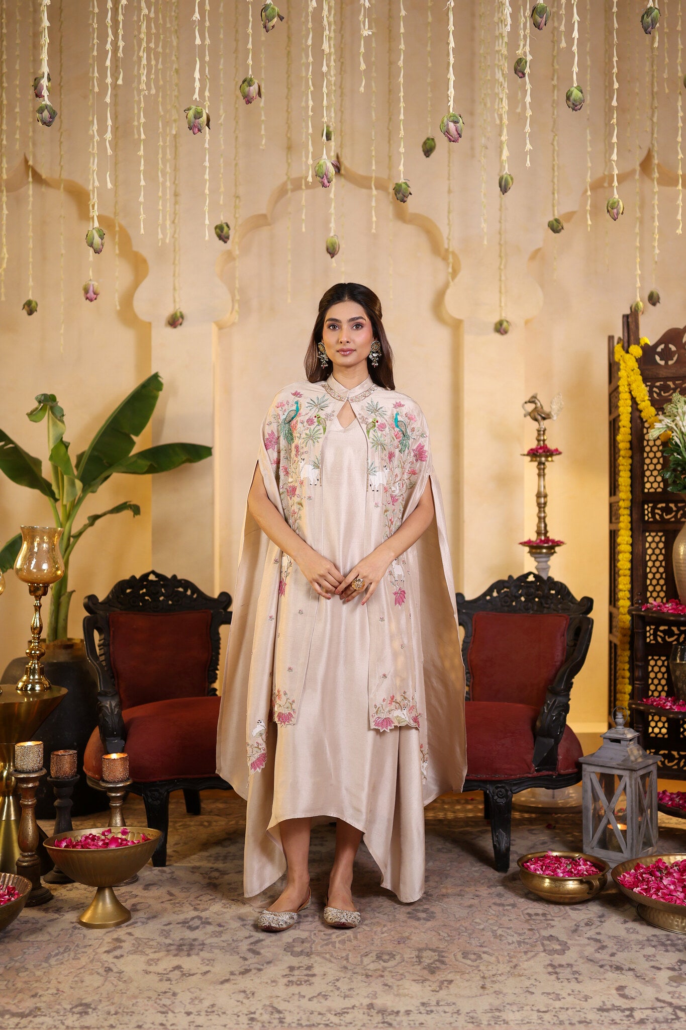Ivory Ensemble with Embroidered Cape — front view