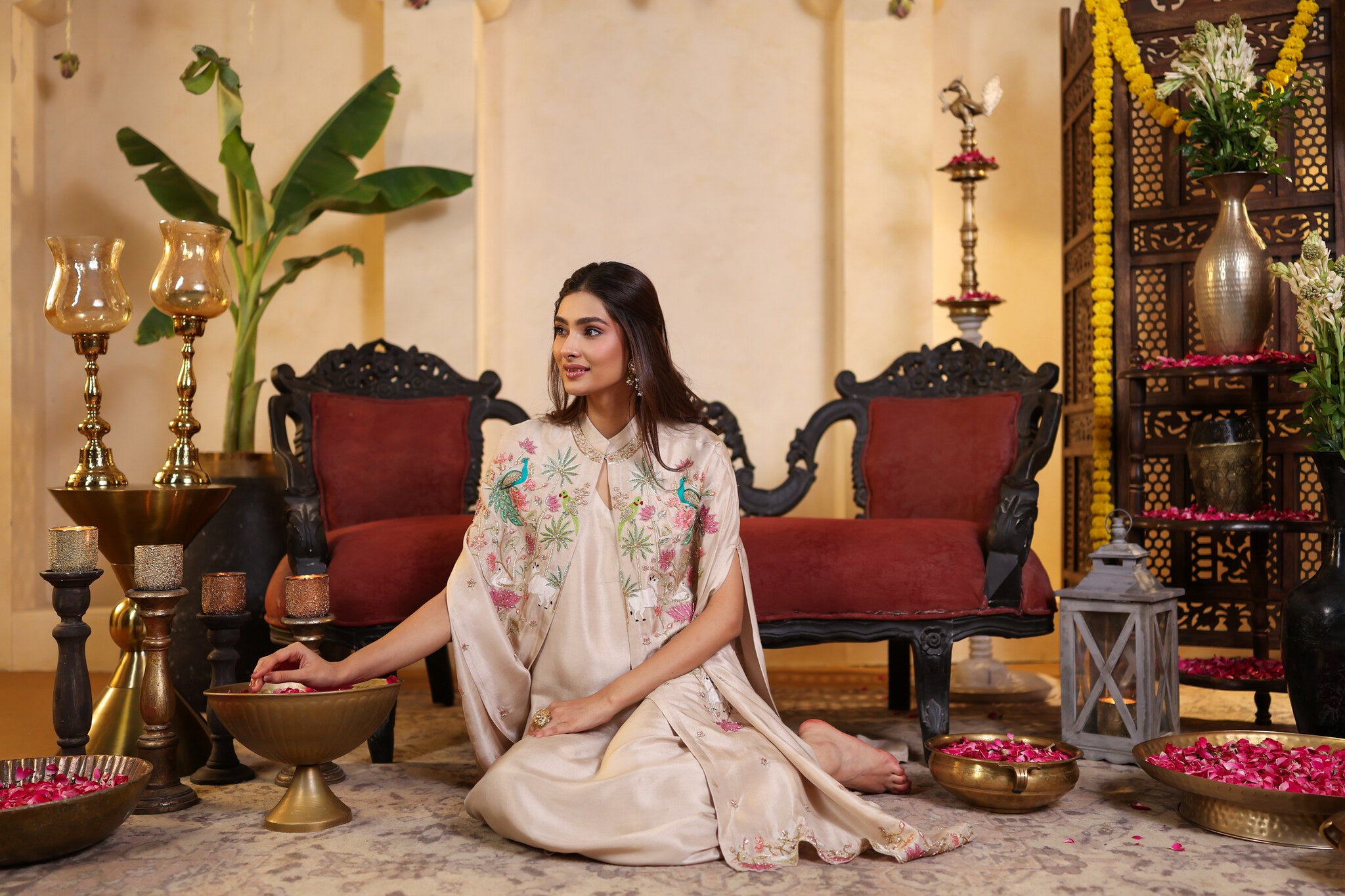 Ivory Ensemble with Embroidered Cape — seated