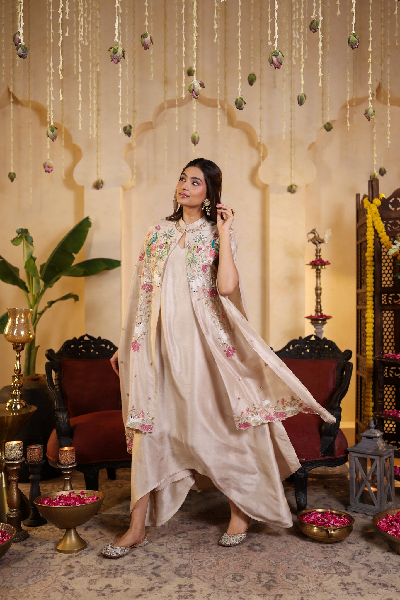 Ivory Ensemble with Embroidered Cape — three-quarter view