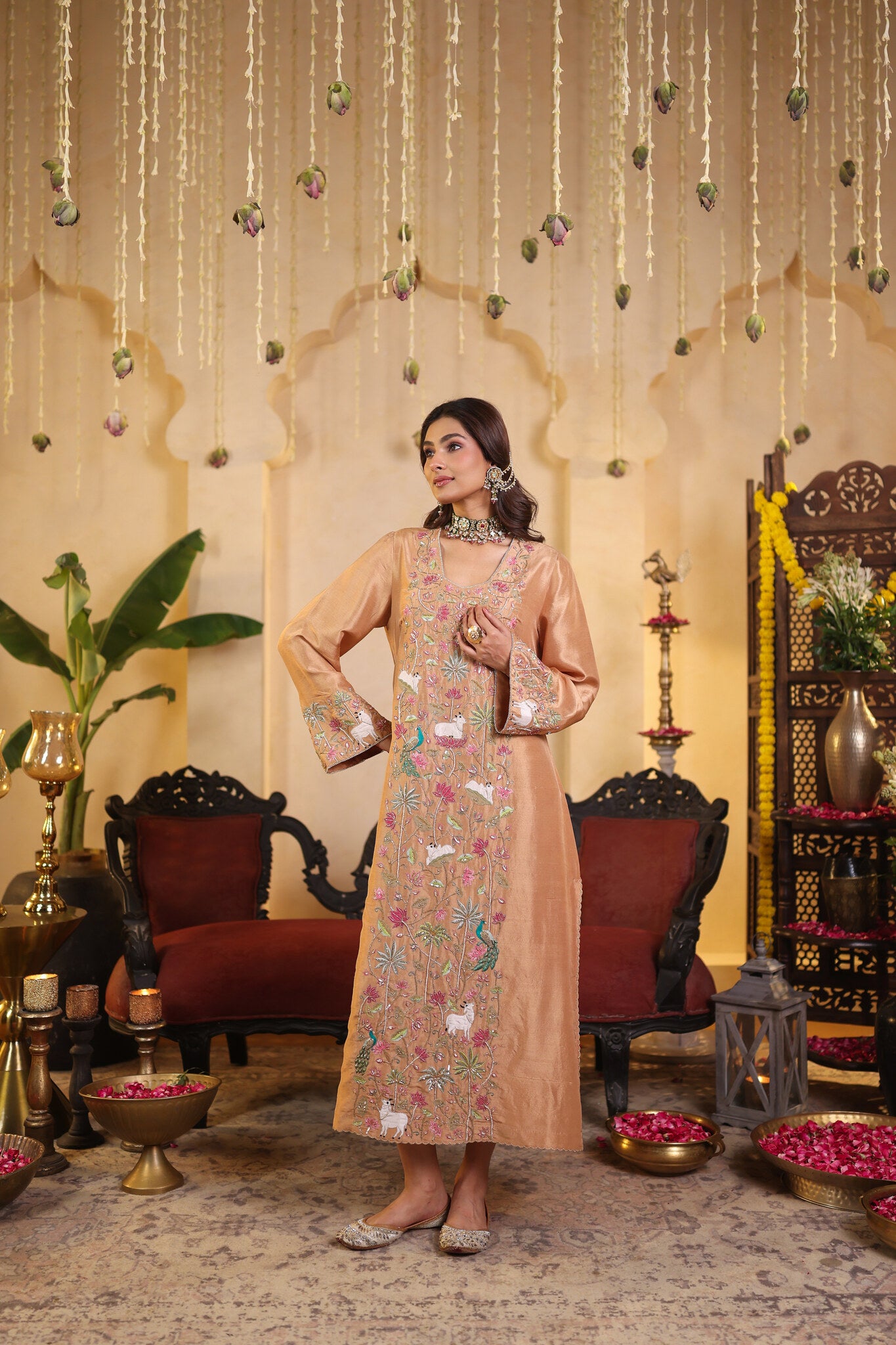 Soft Bronze Set with Floral Embroidery — three-quarter view