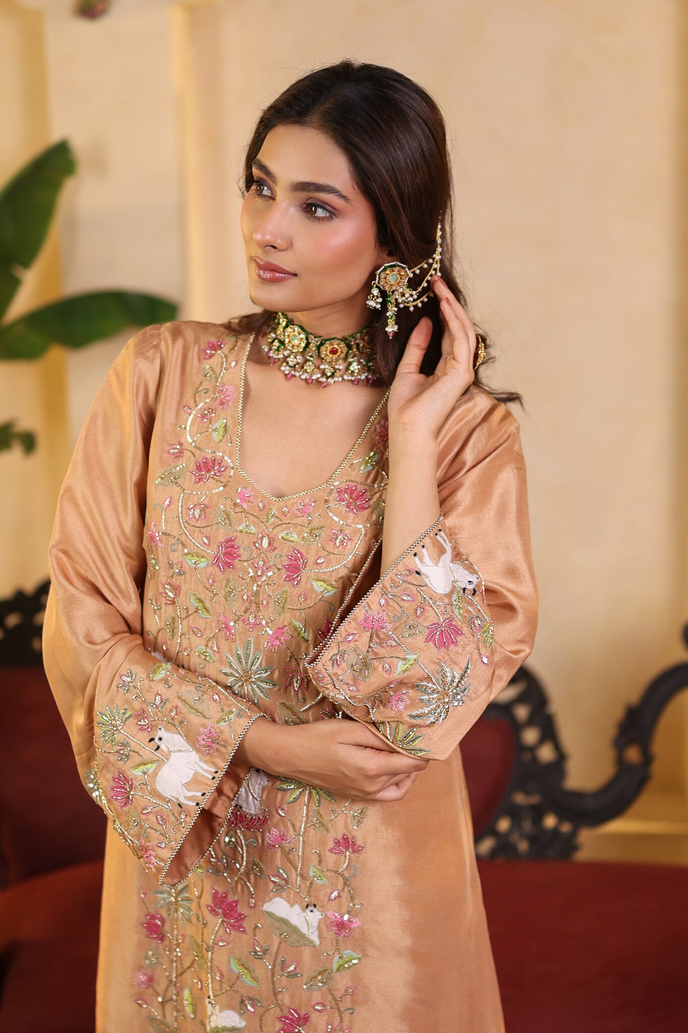 Soft Bronze Set with Floral Embroidery — three-quarter view