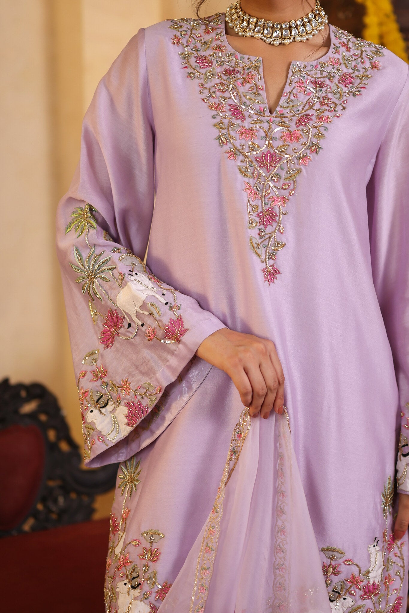 Lilac Kurta Set with Embroidered Detailing — embroidered sleeve detail
