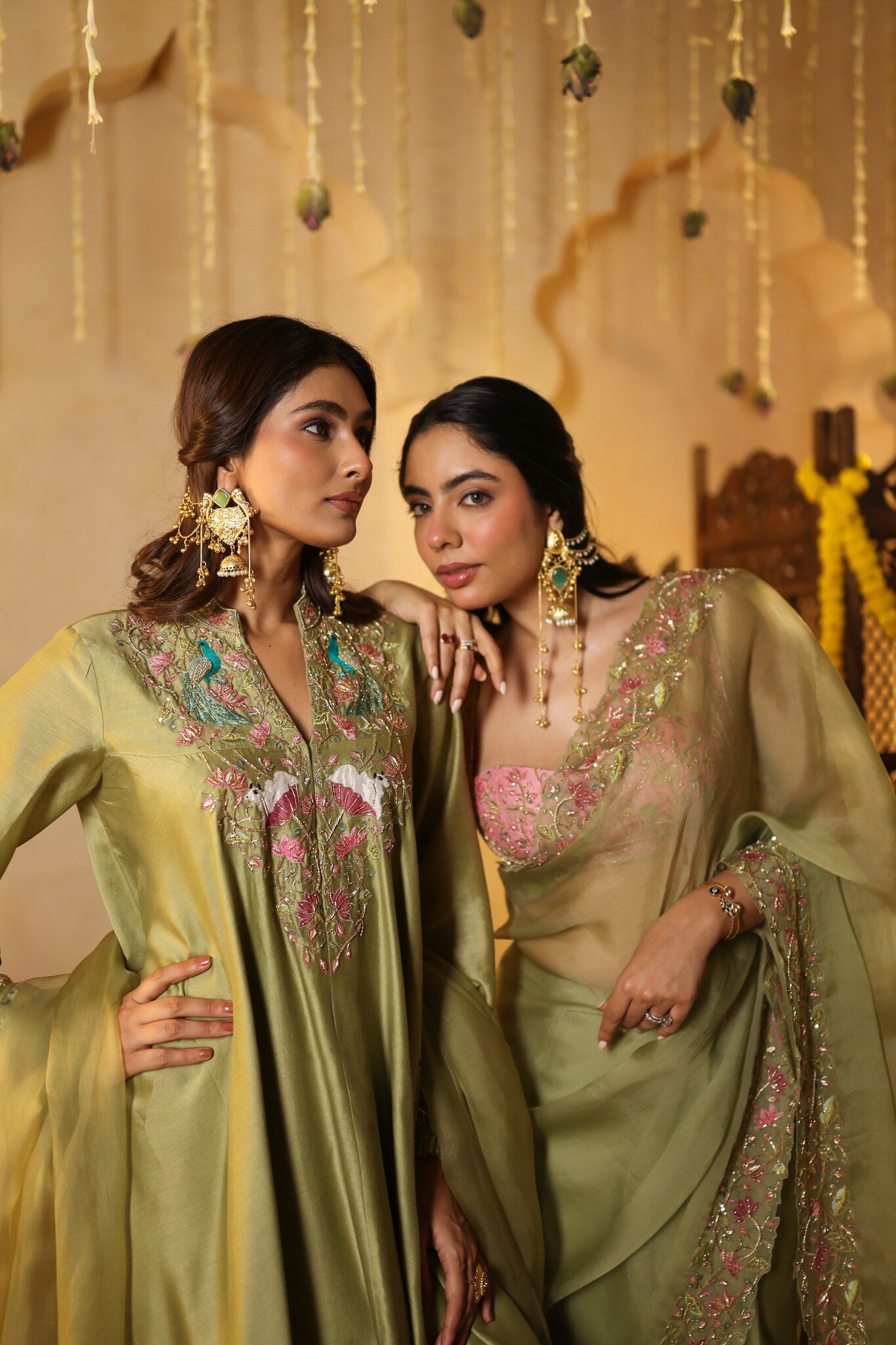 Sage Saree with Embroidered Pink Blouse — styled with the olive kurta set