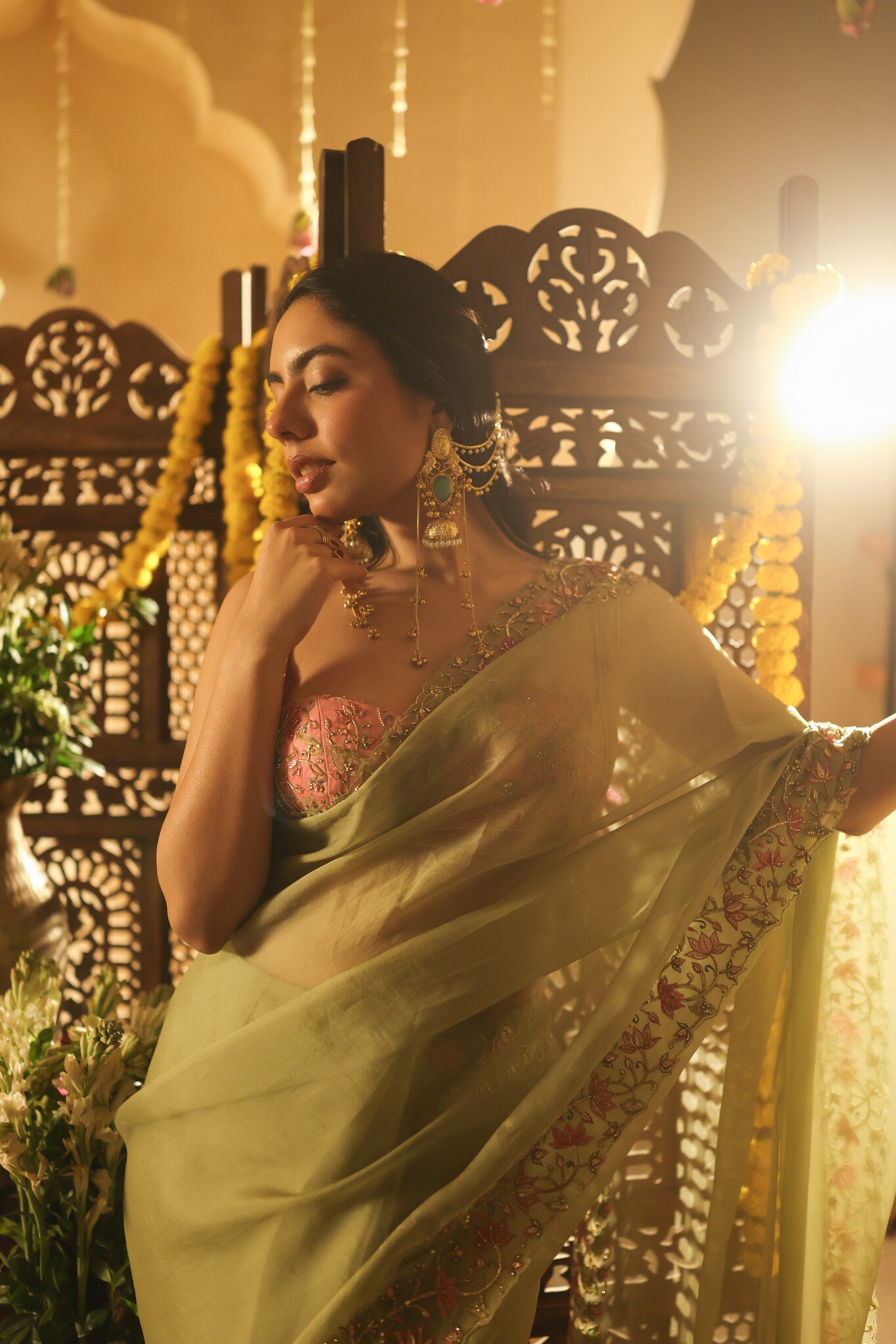 Sage Saree with Embroidered Pink Blouse — editorial