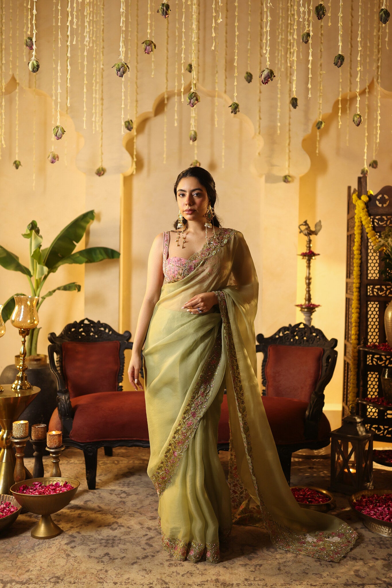 Sage Saree with Embroidered Pink Blouse — front view