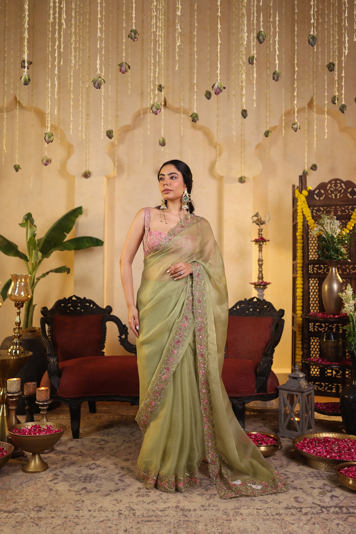 Sage Saree with Embroidered Pink Blouse — front view