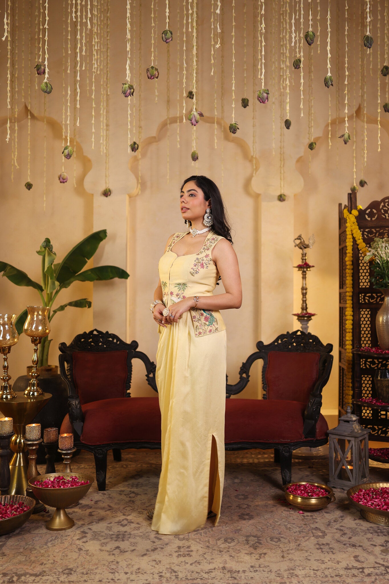 Butter Yellow Co-ord Set with Floral Embroidery — front view