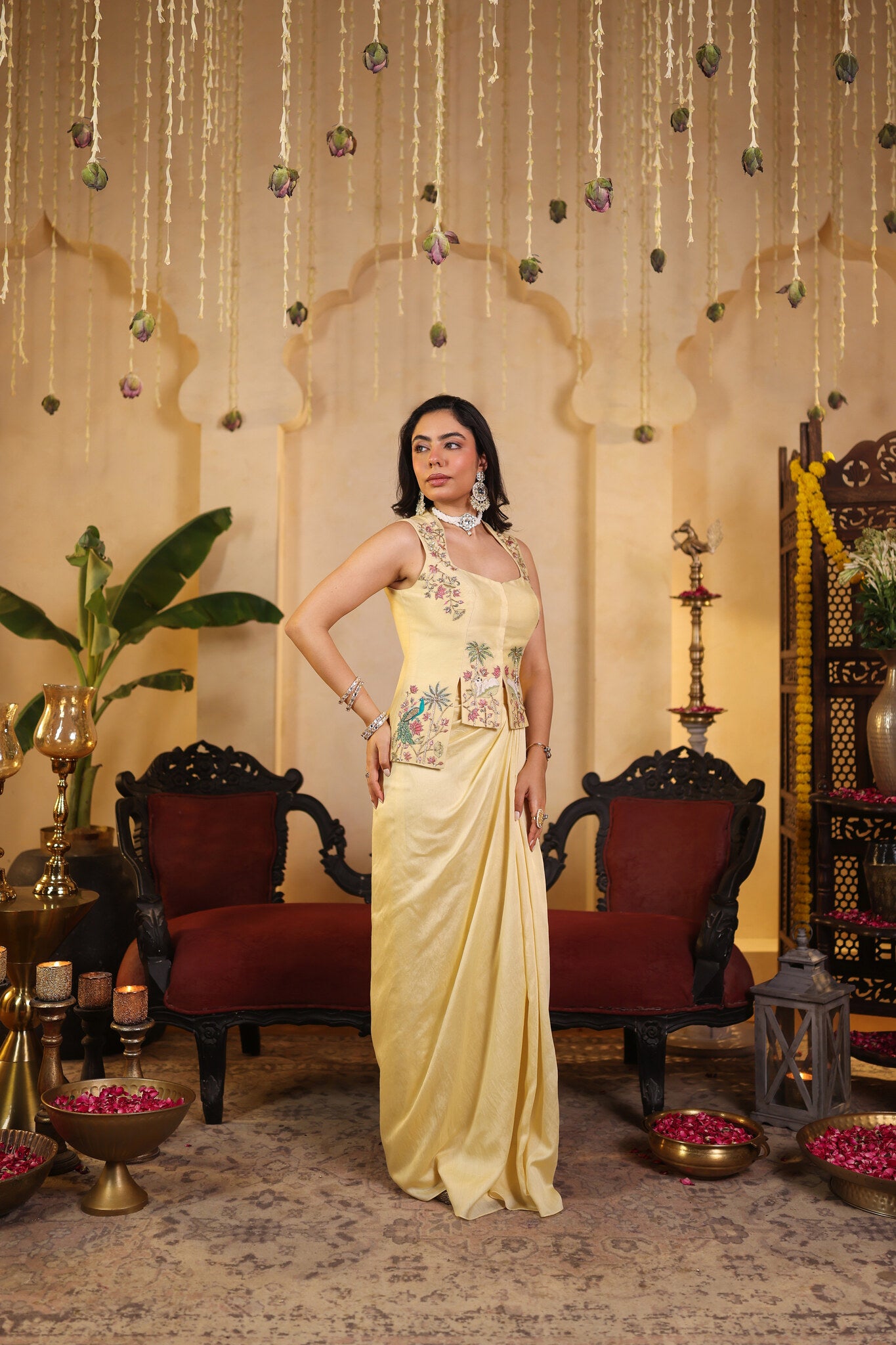 Butter Yellow Co-ord Set with Floral Embroidery — three-quarter view