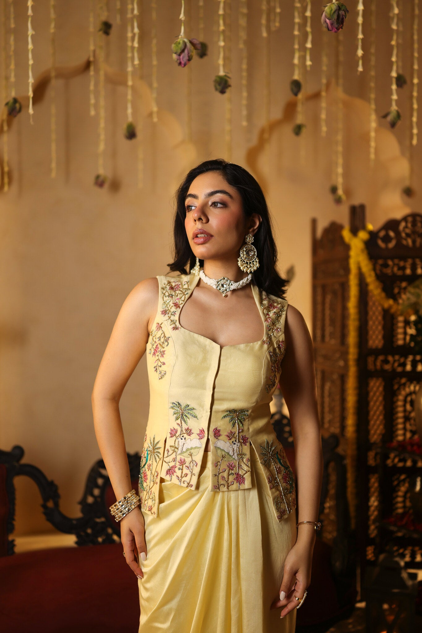 Butter Yellow Co-ord Set with Floral Embroidery — three-quarter view