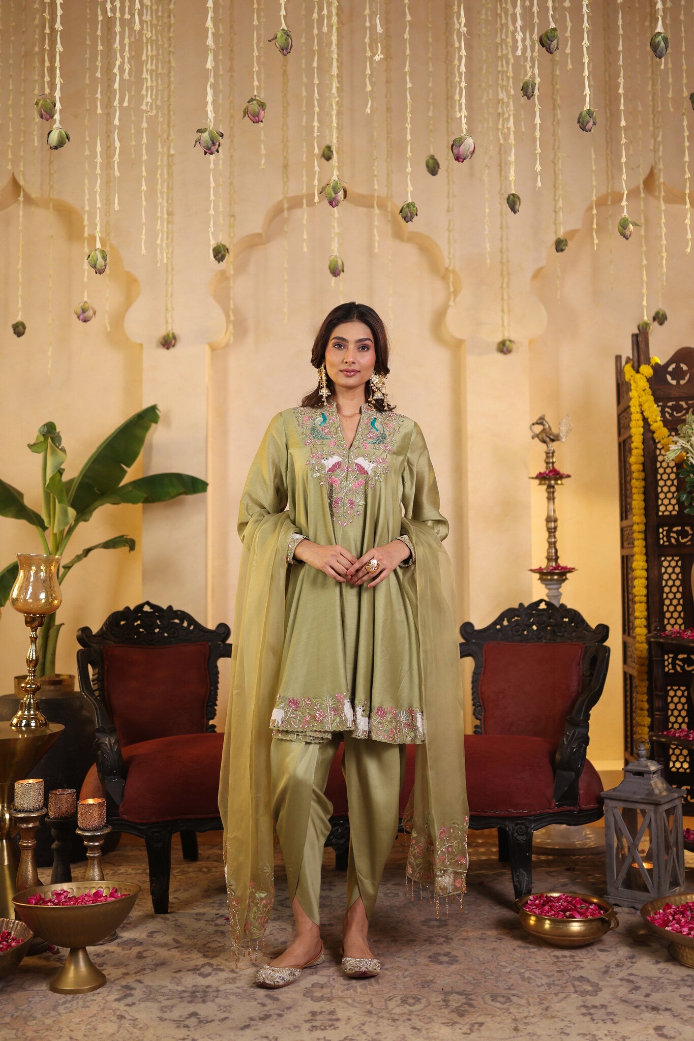 Olive Green Kurta Set with Tulip Pants — front view