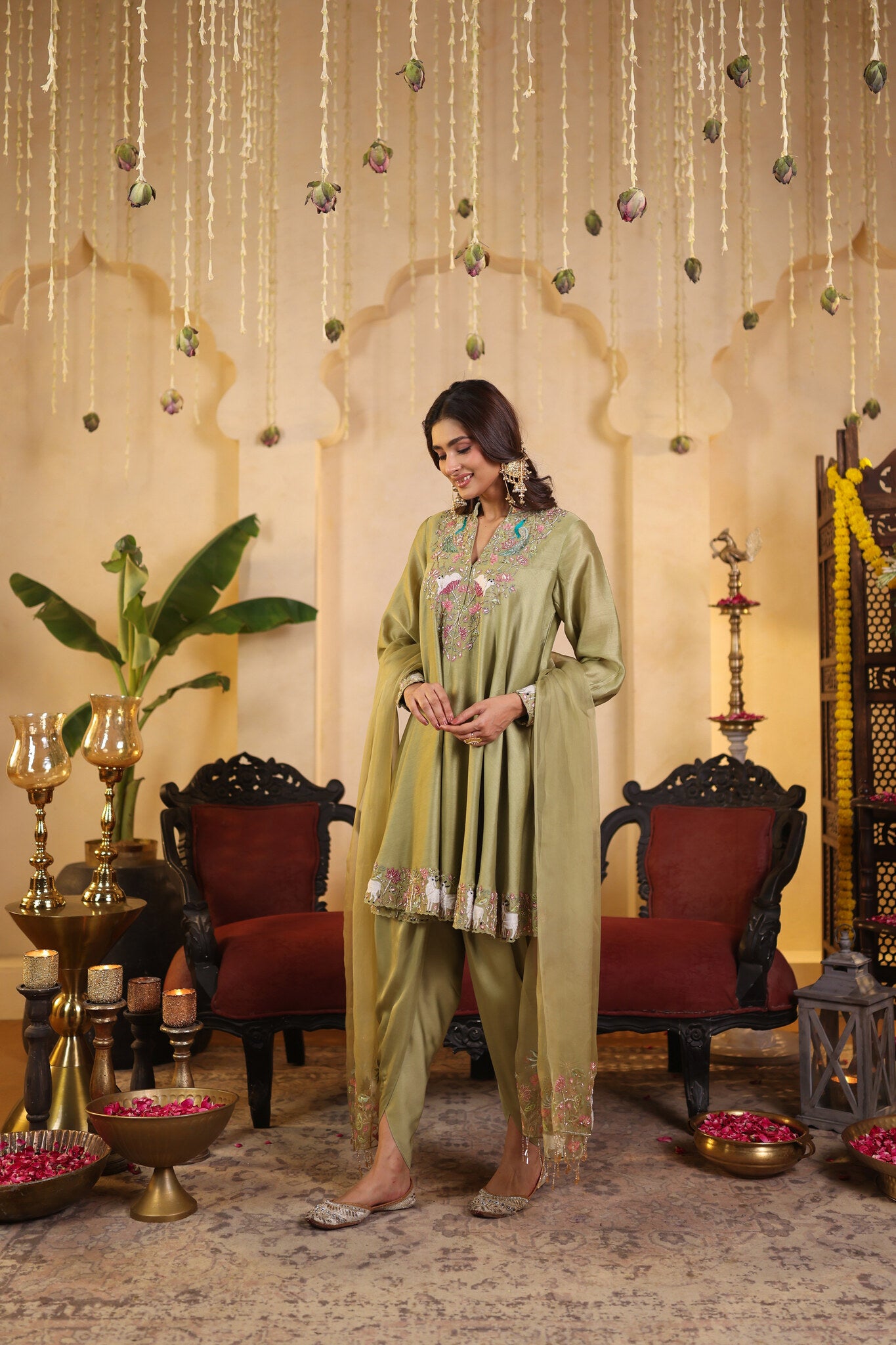 Sage Green Kurta Set with Tulip Pants — three-quarter view