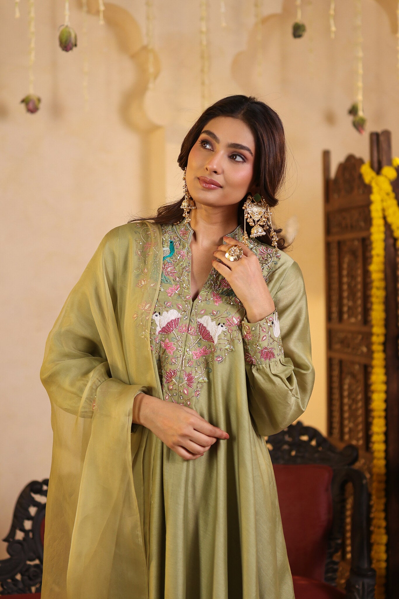 Sage Green Kurta Set with Tulip Pants — embroidered yoke detail
