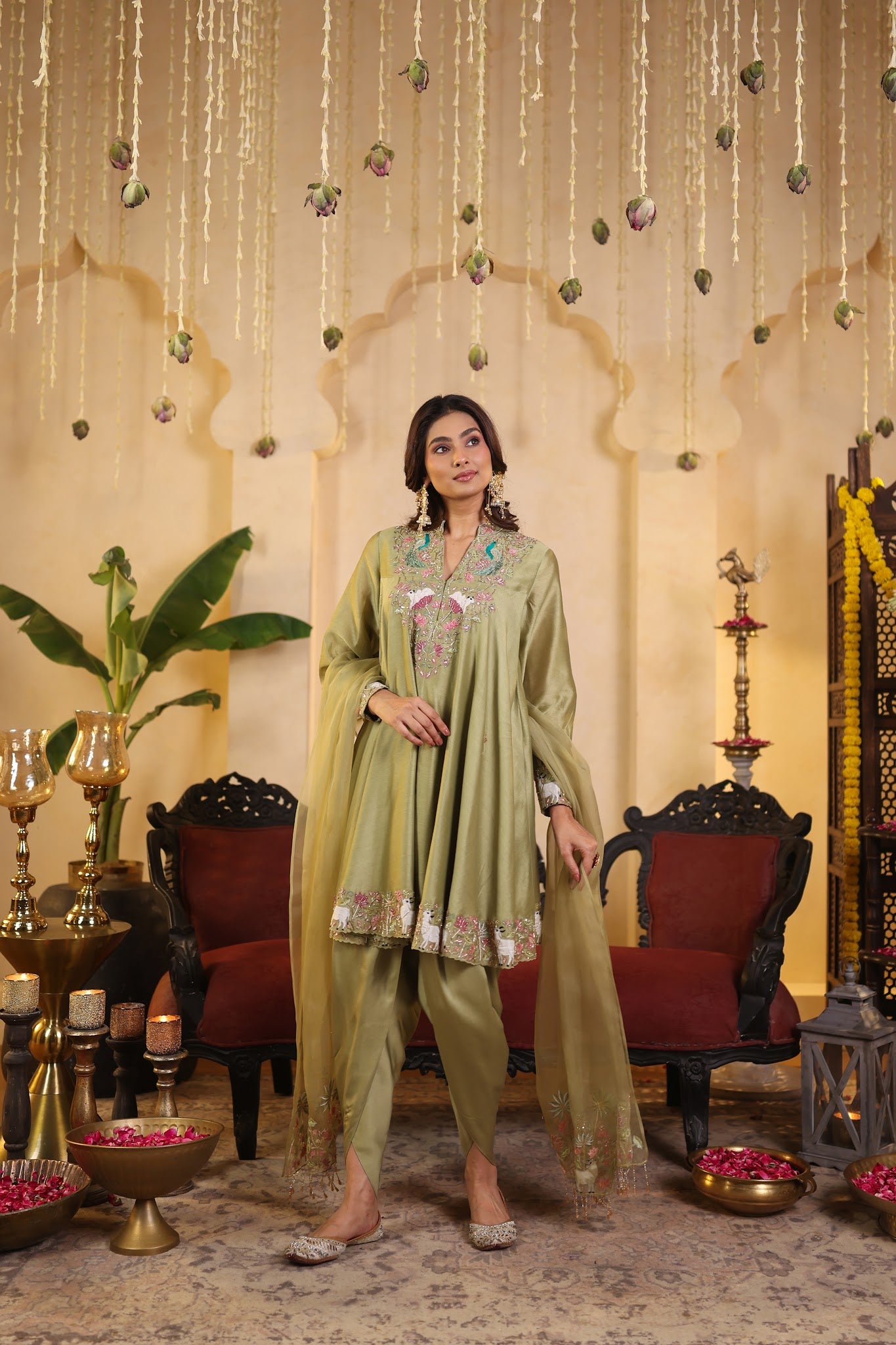 Olive Green Kurta Set with Tulip Pants