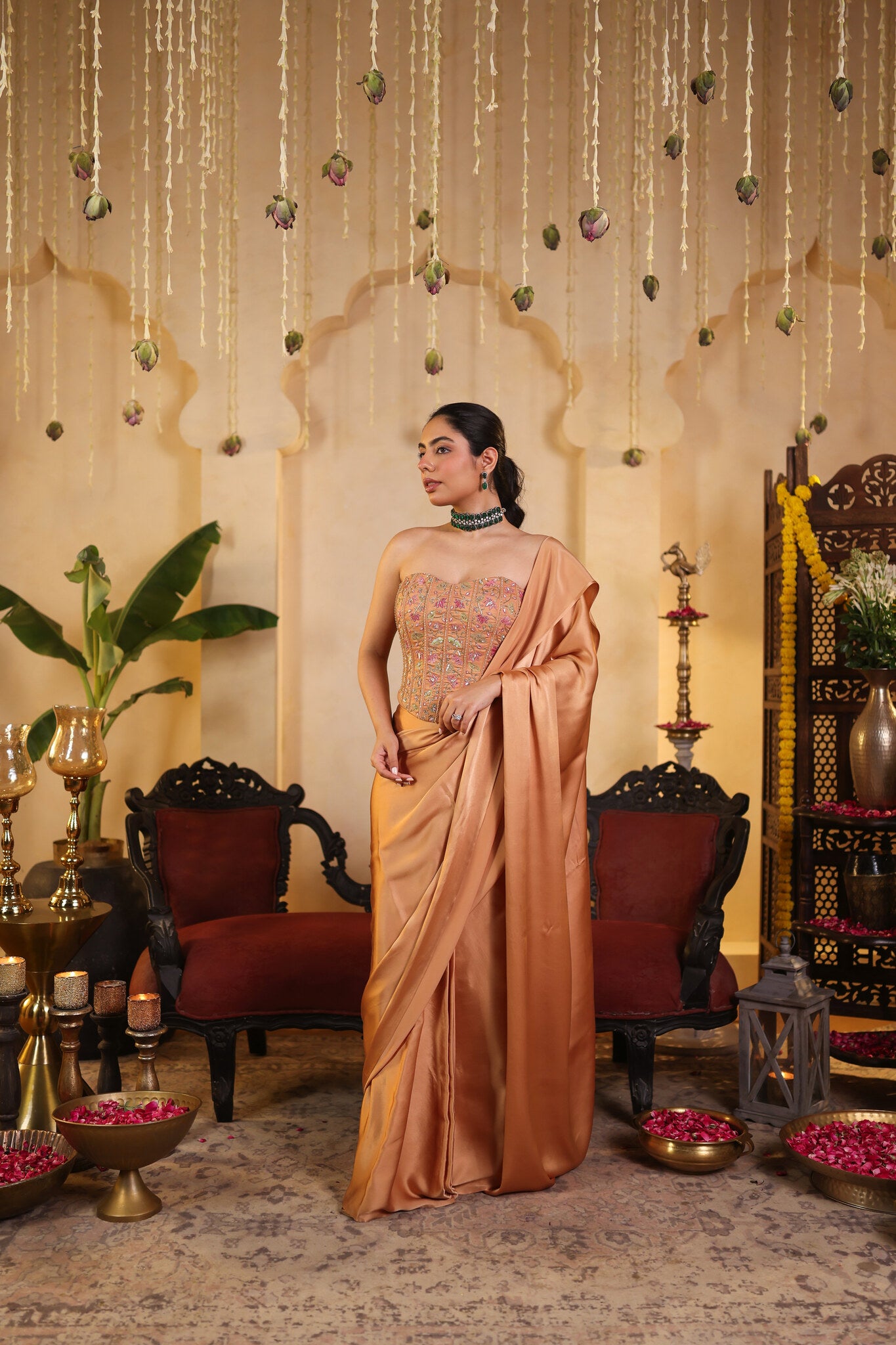 Soft Bronze Saree with Corset Blouse — front view