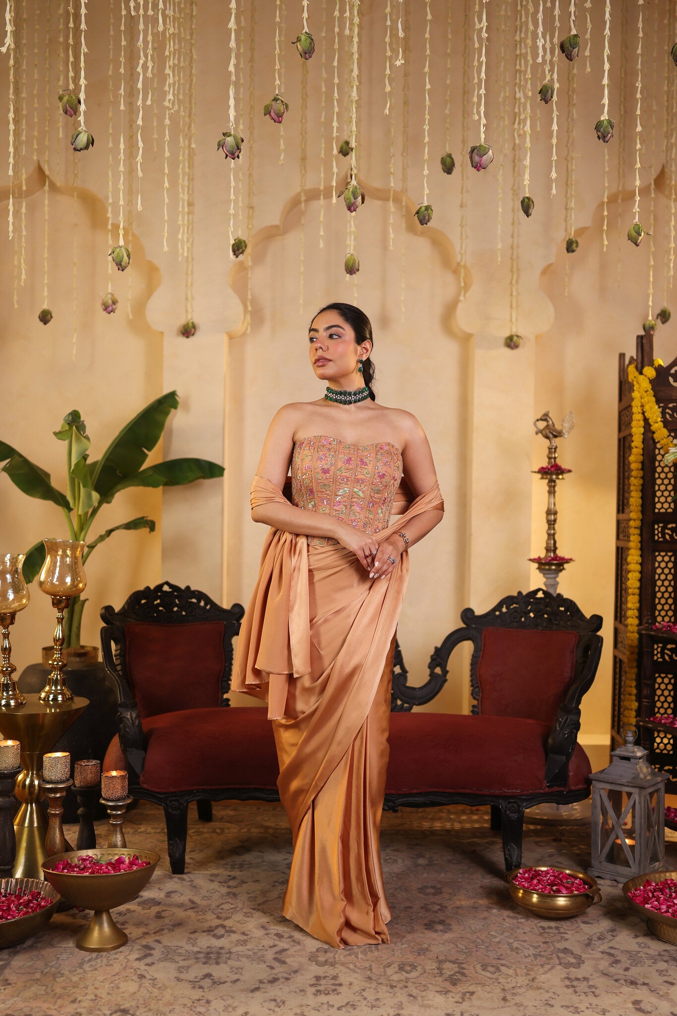 Soft Bronze Saree with Corset Blouse — side view