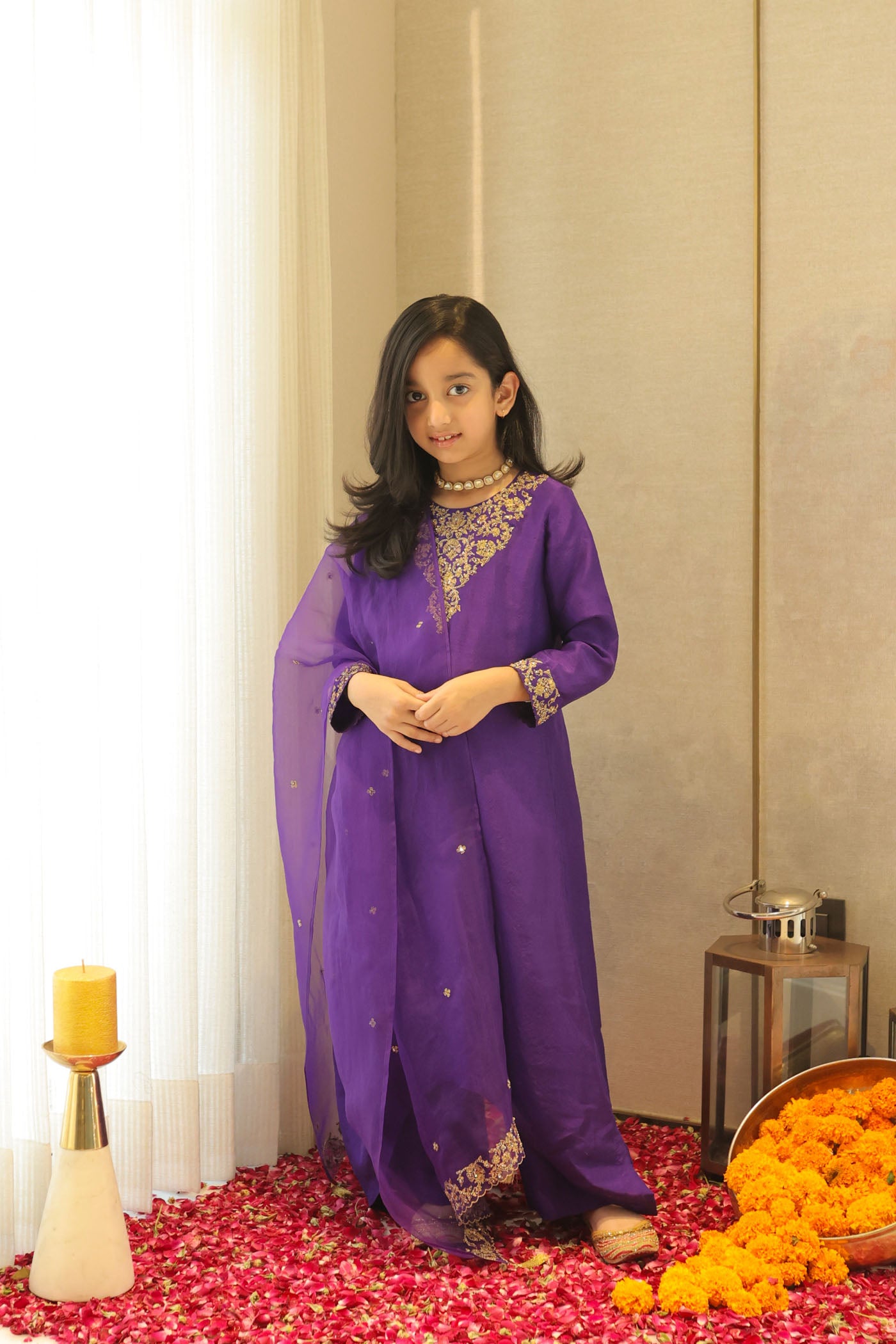 Violet silk kurta set with regal gold embroidery