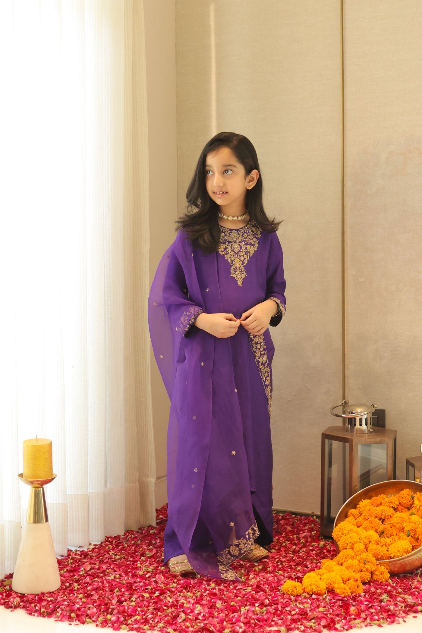 Violet silk kurta set with regal gold embroidery